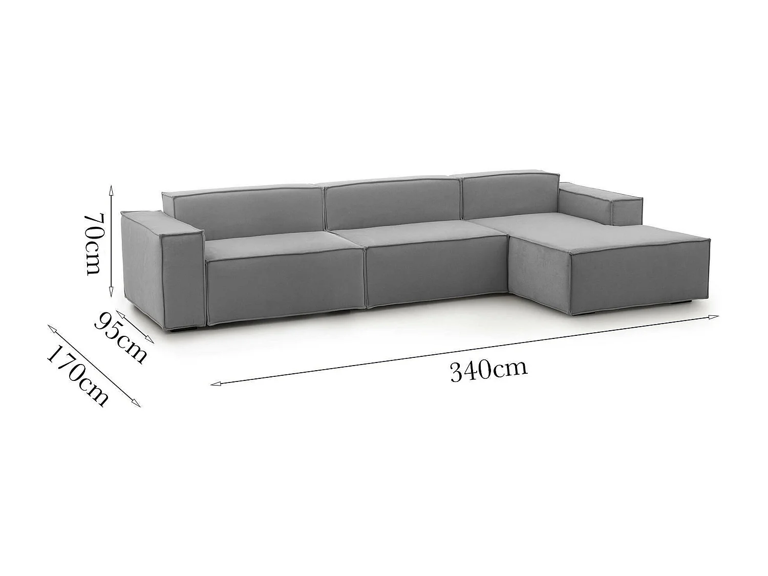 Sofá fixo Raffaella, sofá modular de 4 lugares com península direita, 100% Fabricado na Itália, Sofá de tecido moderno, 340x170h70 cm, Cinza