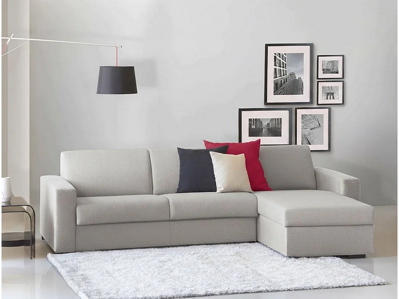 Talamo Italia - Divano fisso con penisola Azechiele, Sofà ad angolo, Penisola contenitore reversibile, Braccioli slim, 100% Made in Italy, Cm 260x95h90, Grigio