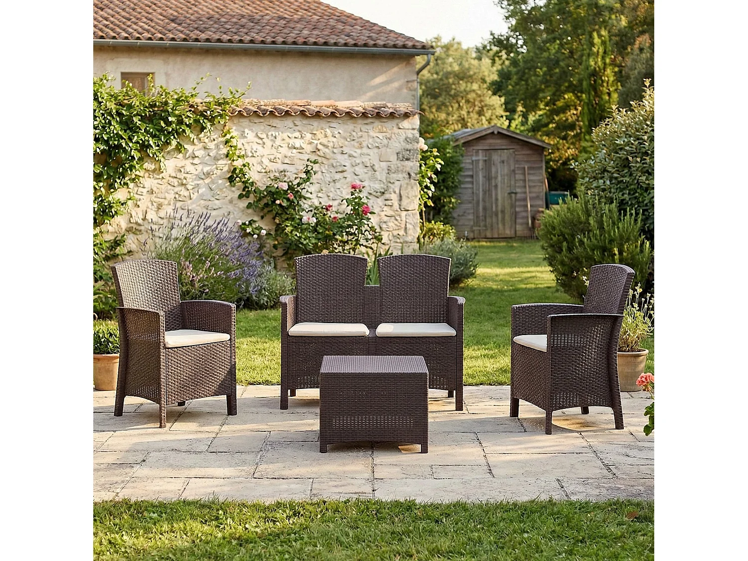 Ensemble de salon d'extérieur Dmorat, Salon de jardin avec coussins, Salon d'intérieur effet rotin, 100% Made in Italy, Marron