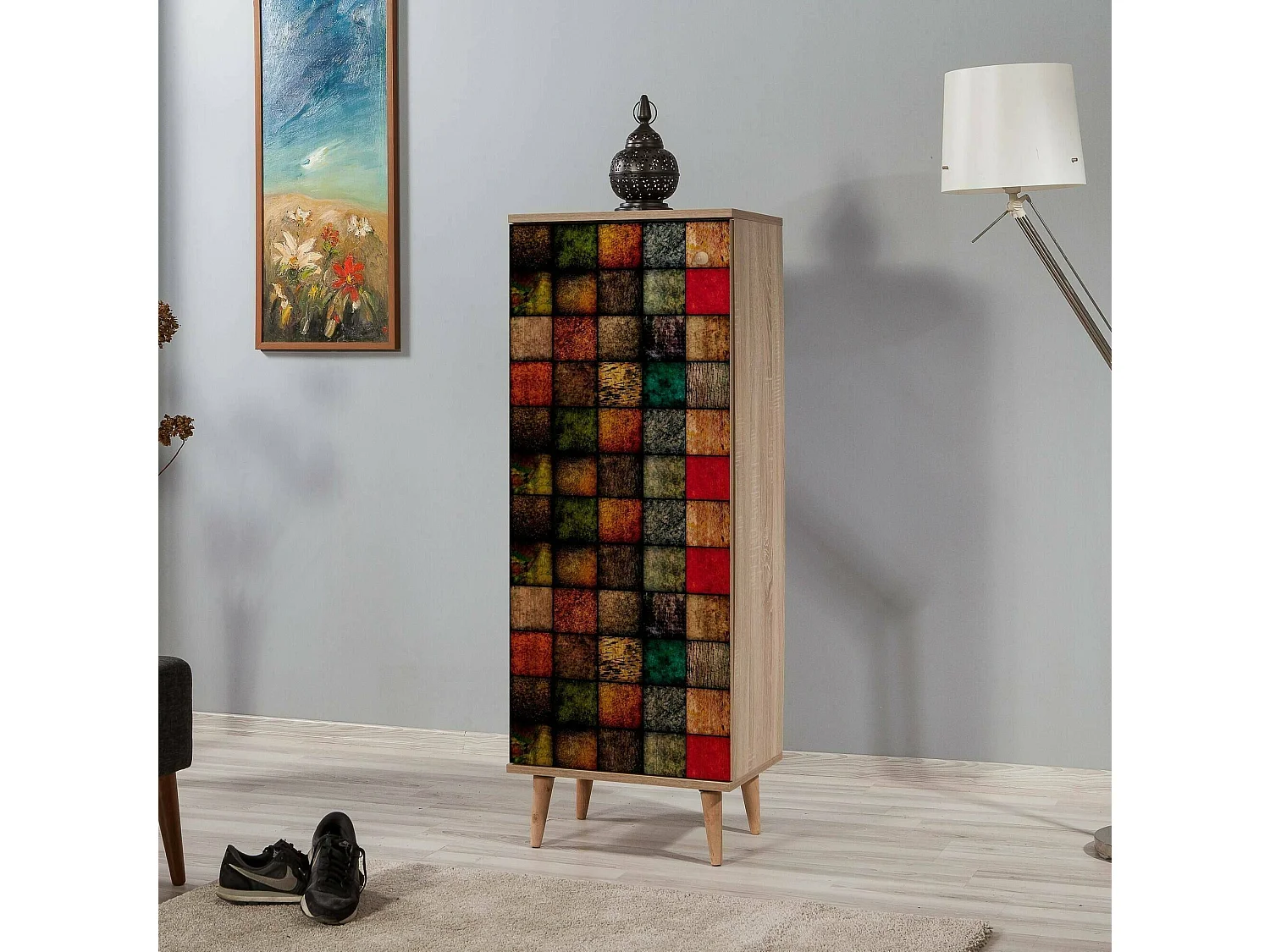 Dgran schoenenrekDin, Schoenenkast, Multifunctionele Entreekast, Schoenenkast, 50x38h135 cm, Eiken en Veelkleurig