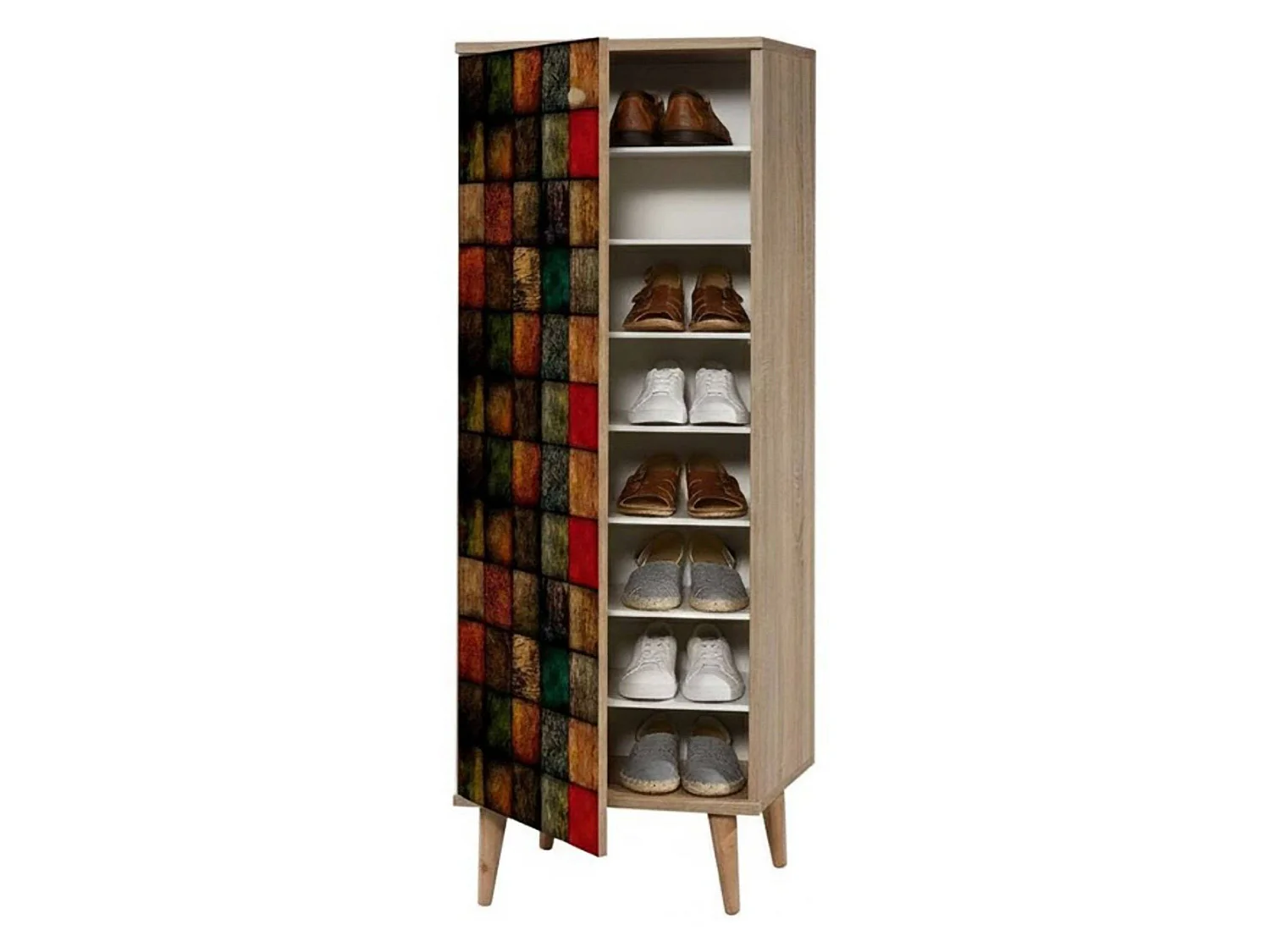 Meuble à chaussures Cebalrai, Meuble à chaussures, Armoire d'entrée polyvalente, Rangement pour chaussures, 50x38h135 cm, Chêne et Multicolore