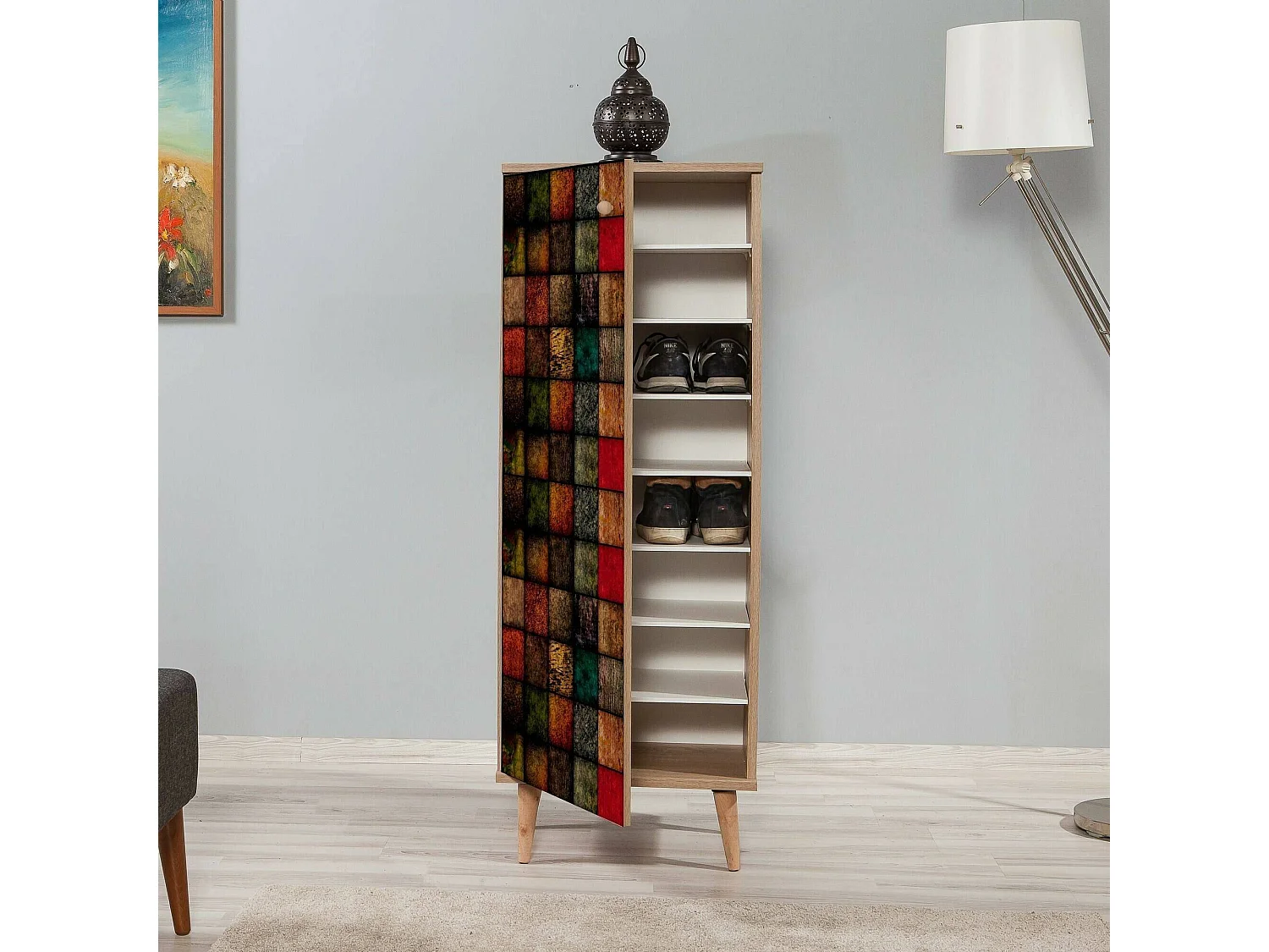 Meuble à chaussures Cebalrai, Meuble à chaussures, Armoire d'entrée polyvalente, Rangement pour chaussures, 50x38h135 cm, Chêne et Multicolore