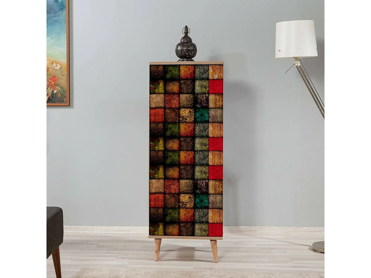 Meuble à chaussures Cebalrai, Meuble à chaussures, Armoire d'entrée polyvalente, Rangement pour chaussures, 50x38h135 cm, Chêne et Multicolore