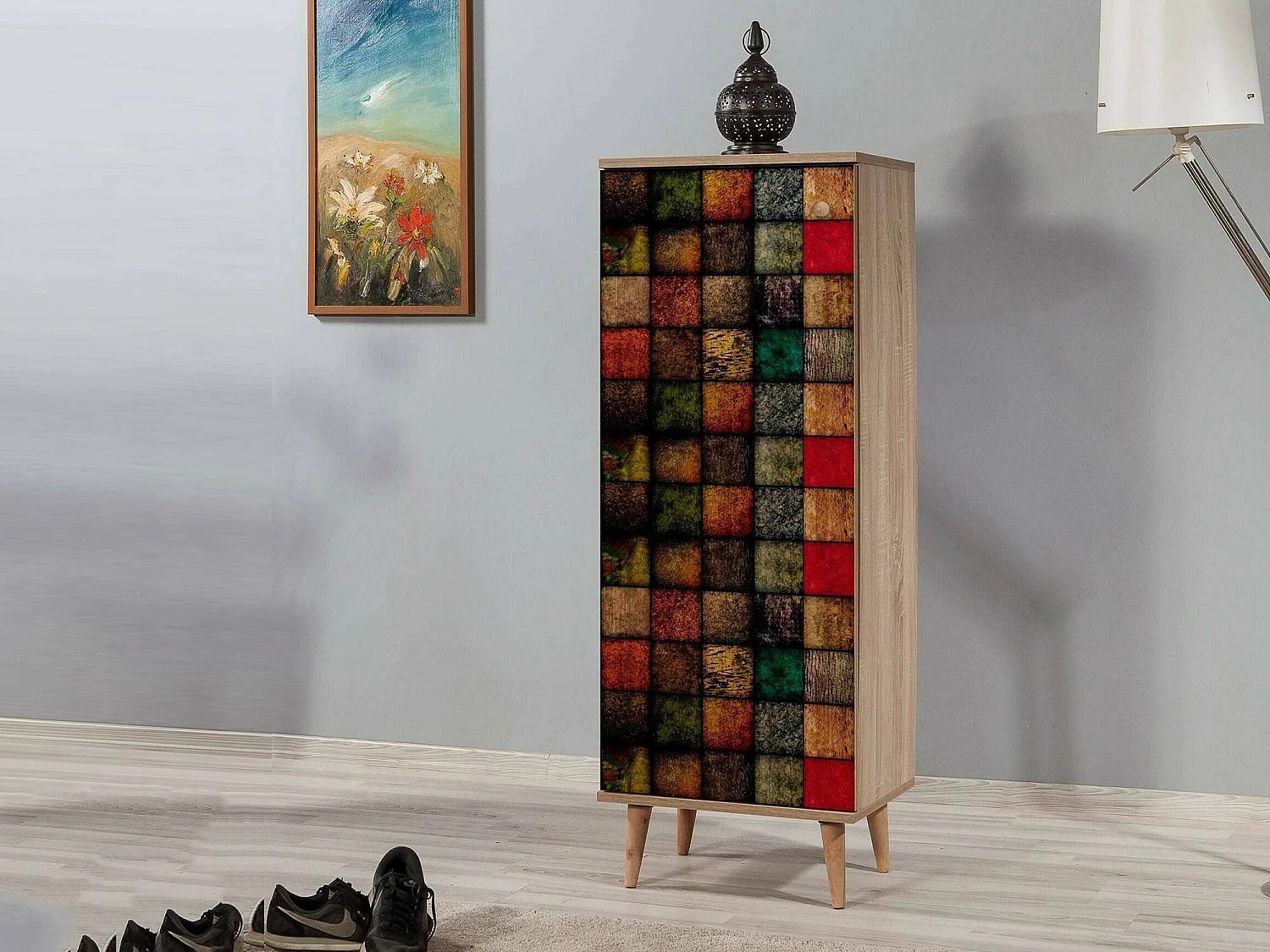 Meuble à chaussures Cebalrai, Meuble à chaussures, Armoire d'entrée polyvalente, Rangement pour chaussures, 50x38h135 cm, Chêne et Multicolore