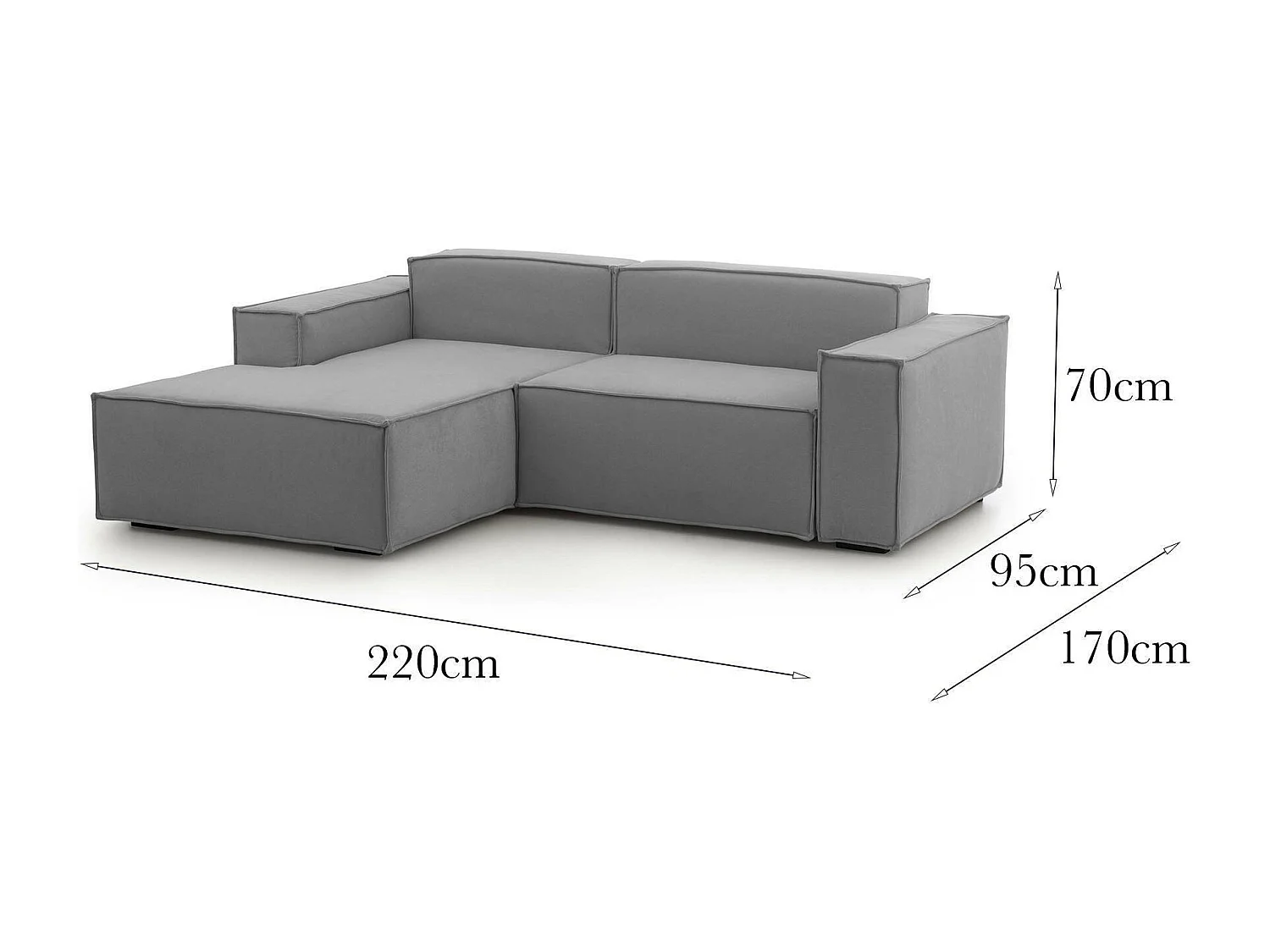 Festes Sofa Dkivil, Modulares 2-Sitzer-Sofa mit linker Halbinsel, 100% Made in Italy, Modernes Sofa aus Stoff, Cm 220x170h70, Grau