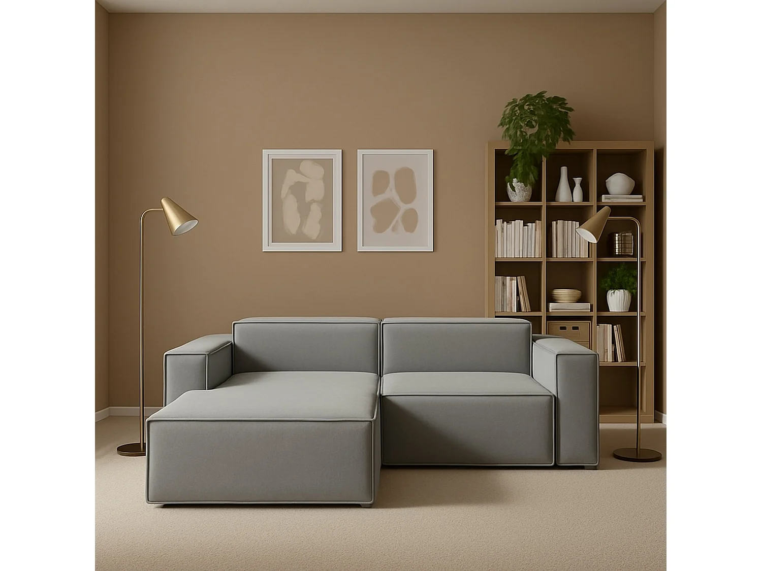 Canapé fixe Dkivil, canapé modulable 2 places avec péninsule gauche, 100% Made in Italy, Canapé moderne en tissu, 220x170h70 cm, Gris