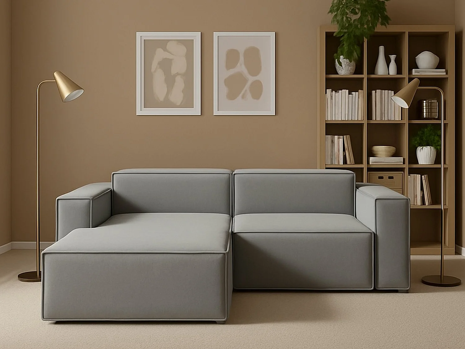 Festes Sofa Dkivil, Modulares 2-Sitzer-Sofa mit linker Halbinsel, 100% Made in Italy, Modernes Sofa aus Stoff, Cm 220x170h70, Grau