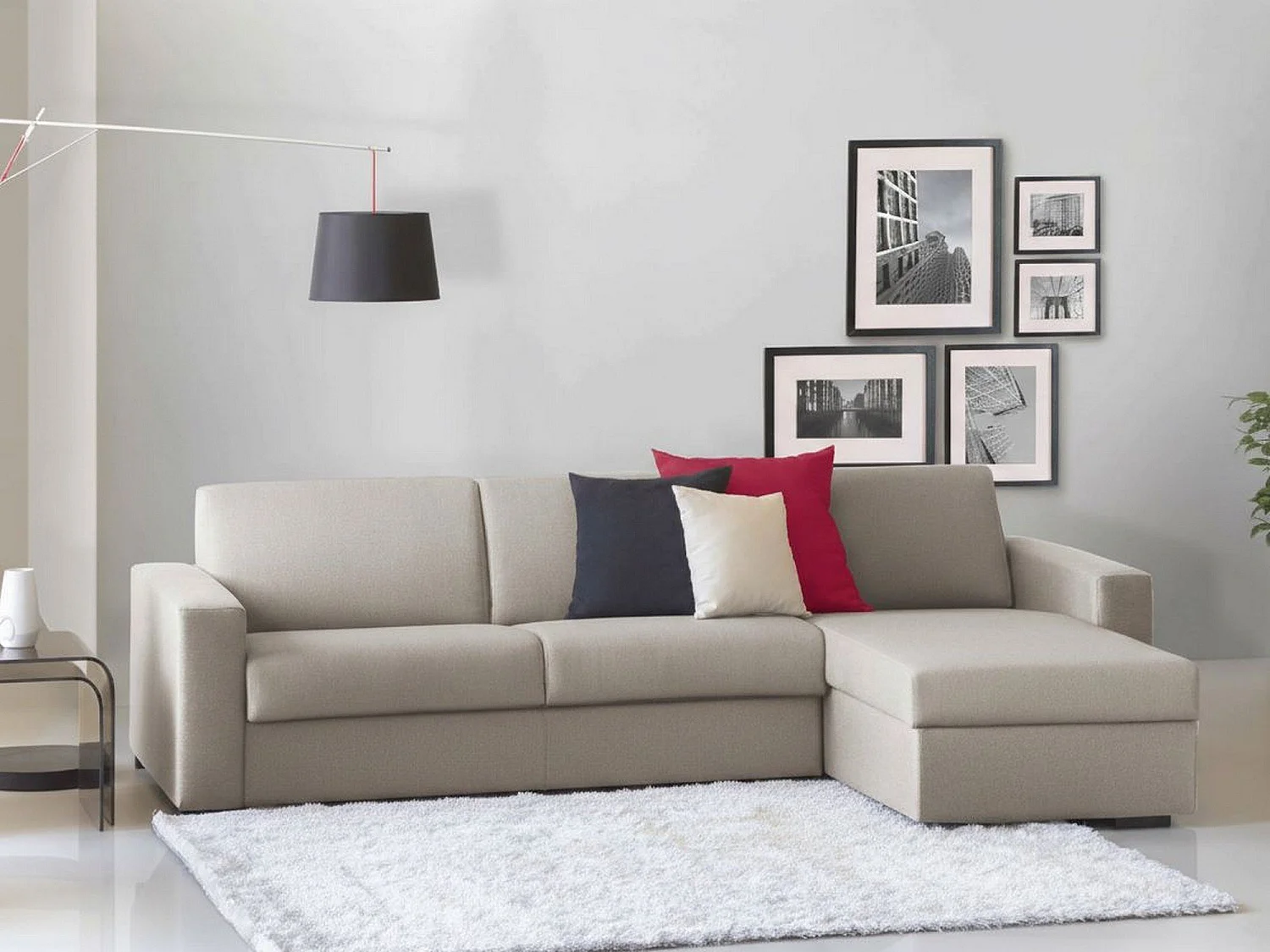 Talamo Italië Vaste Bank met Chaise Longue Debora 95x260 cm Grijs Taupe Afneembaar Wasbaar, Omkeerbaar Made in Italy