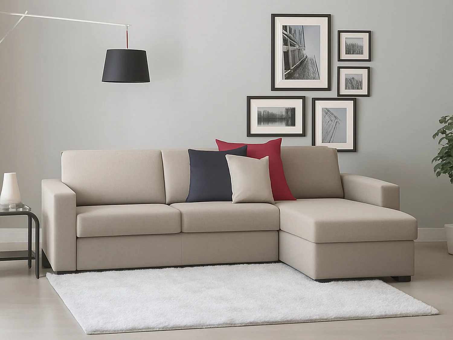 Sofá fixo Debora, Sofá de canto, 100% Made in Italy, Sofá de ala, com penínula de arrumação reverível, em tecido acolchoado, com braço fino, 260x95h90 cm, Taupe
