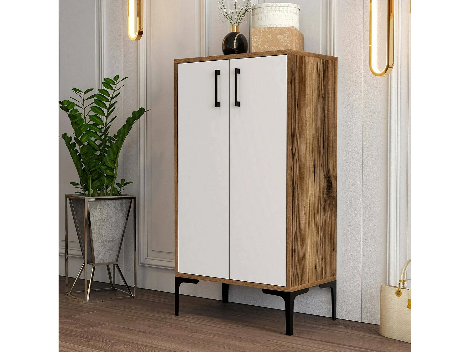 Meuble à chaussures Helios, Meuble à chaussures, Armoire d'entrée polyvalente, Rangement pour chaussures, 60x35h111 cm, Noyer et Blanc