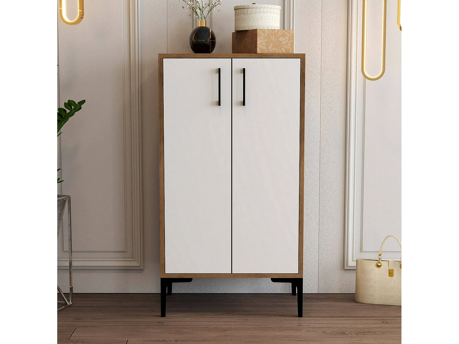 Dmarrull Schoenenrek, Schoenenkast, Multifunctionele Entreekast, Schoeiselkast, 60x35h111 cm, Walnoot en Wit