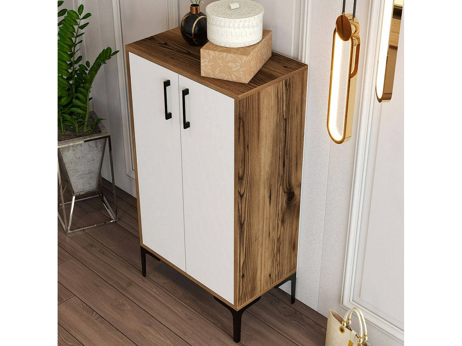 Meuble à chaussures Helios, Meuble à chaussures, Armoire d'entrée polyvalente, Rangement pour chaussures, 60x35h111 cm, Noyer et Blanc