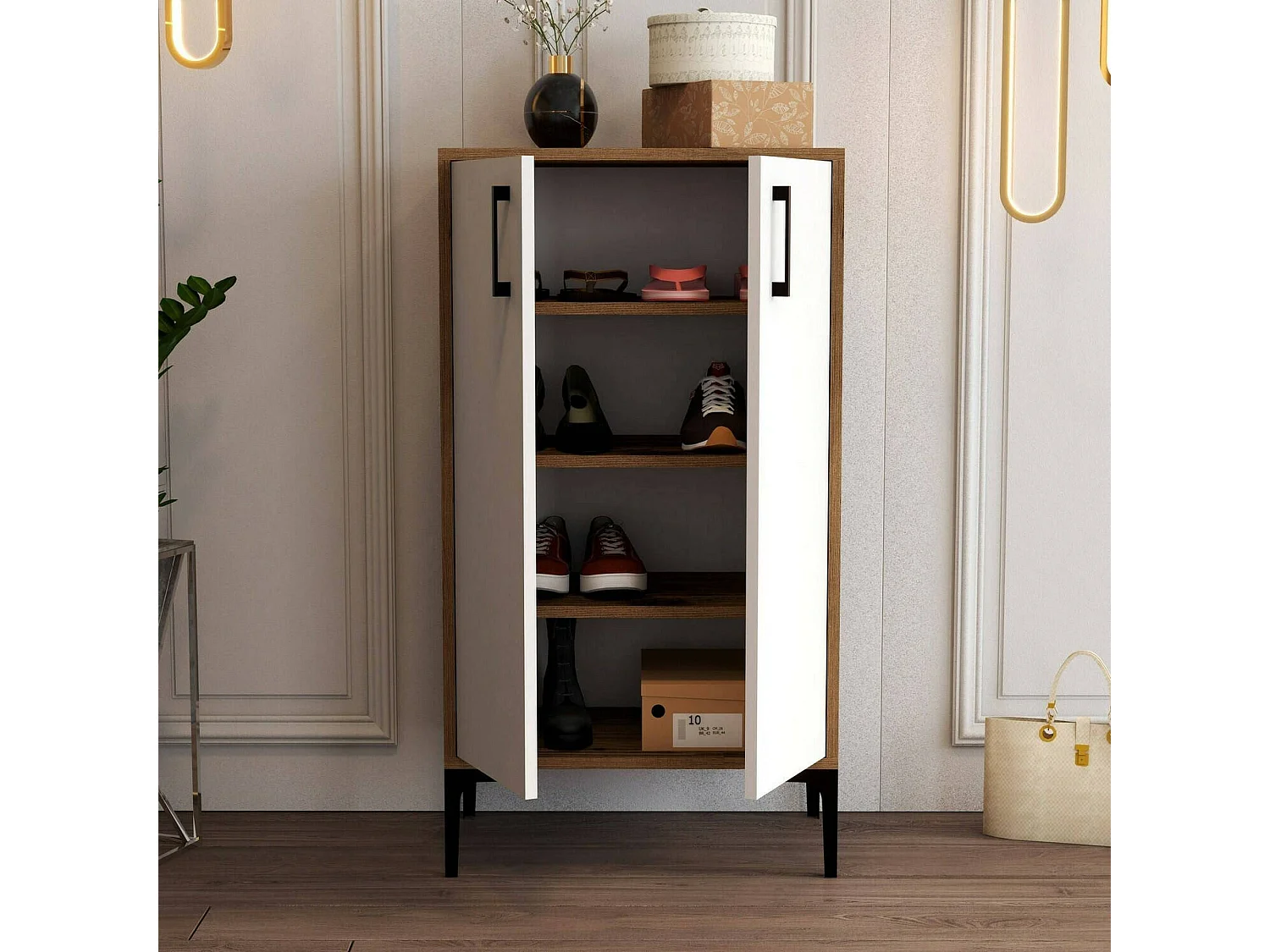 Meuble à chaussures Helios, Meuble à chaussures, Armoire d'entrée polyvalente, Rangement pour chaussures, 60x35h111 cm, Noyer et Blanc
