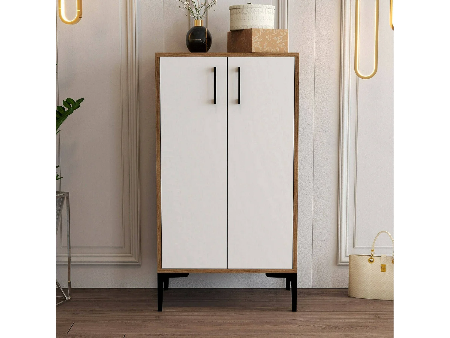 Meuble à chaussures Helios, Meuble à chaussures, Armoire d'entrée polyvalente, Rangement pour chaussures, 60x35h111 cm, Noyer et Blanc