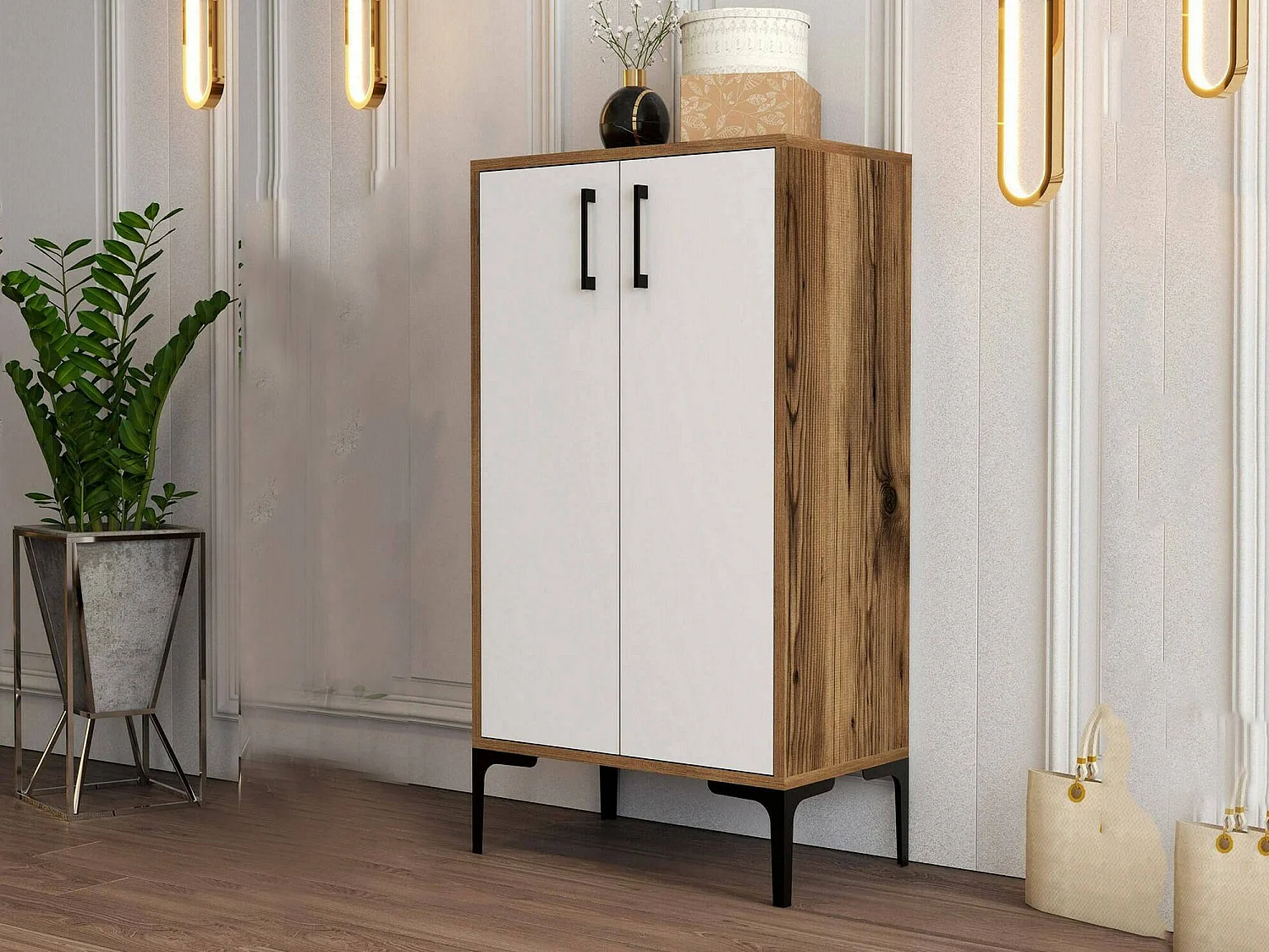Meuble à chaussures Helios, Meuble à chaussures, Armoire d'entrée polyvalente, Rangement pour chaussures, 60x35h111 cm, Noyer et Blanc