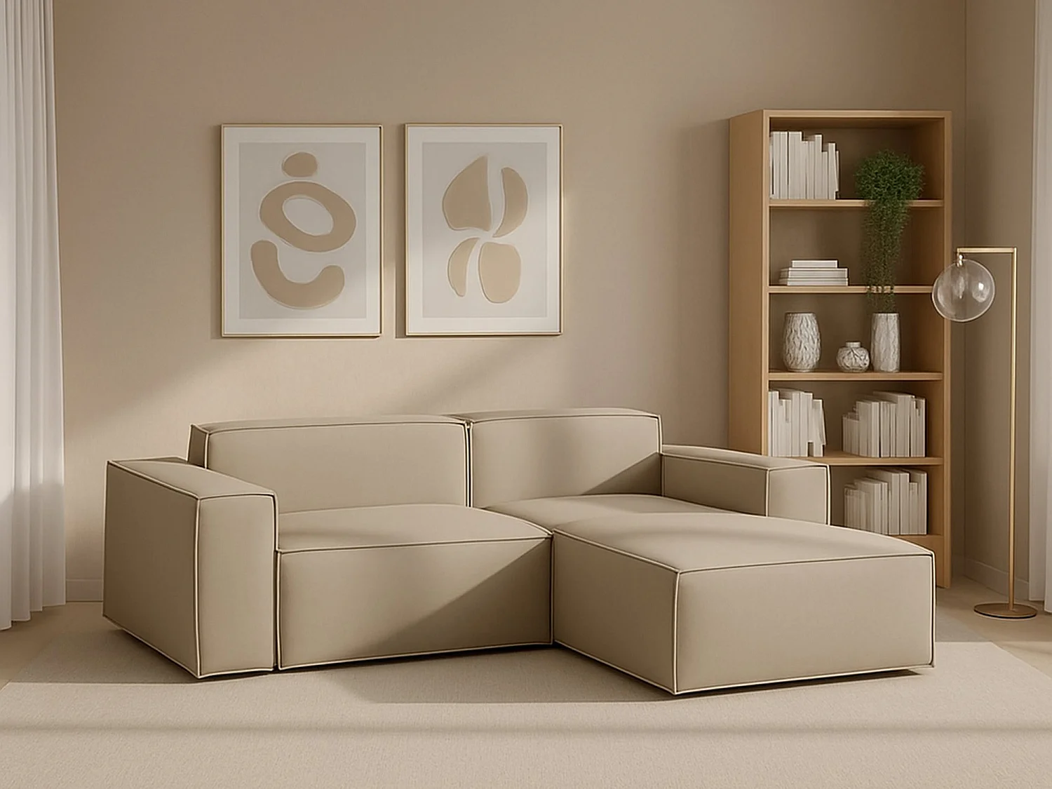 Divano fisso Patrizia, Divano componibile a 2 posti con penisola destra, 100% Made in Italy, Sofà moderno in tessuto, Cm 220x170h70, Beige