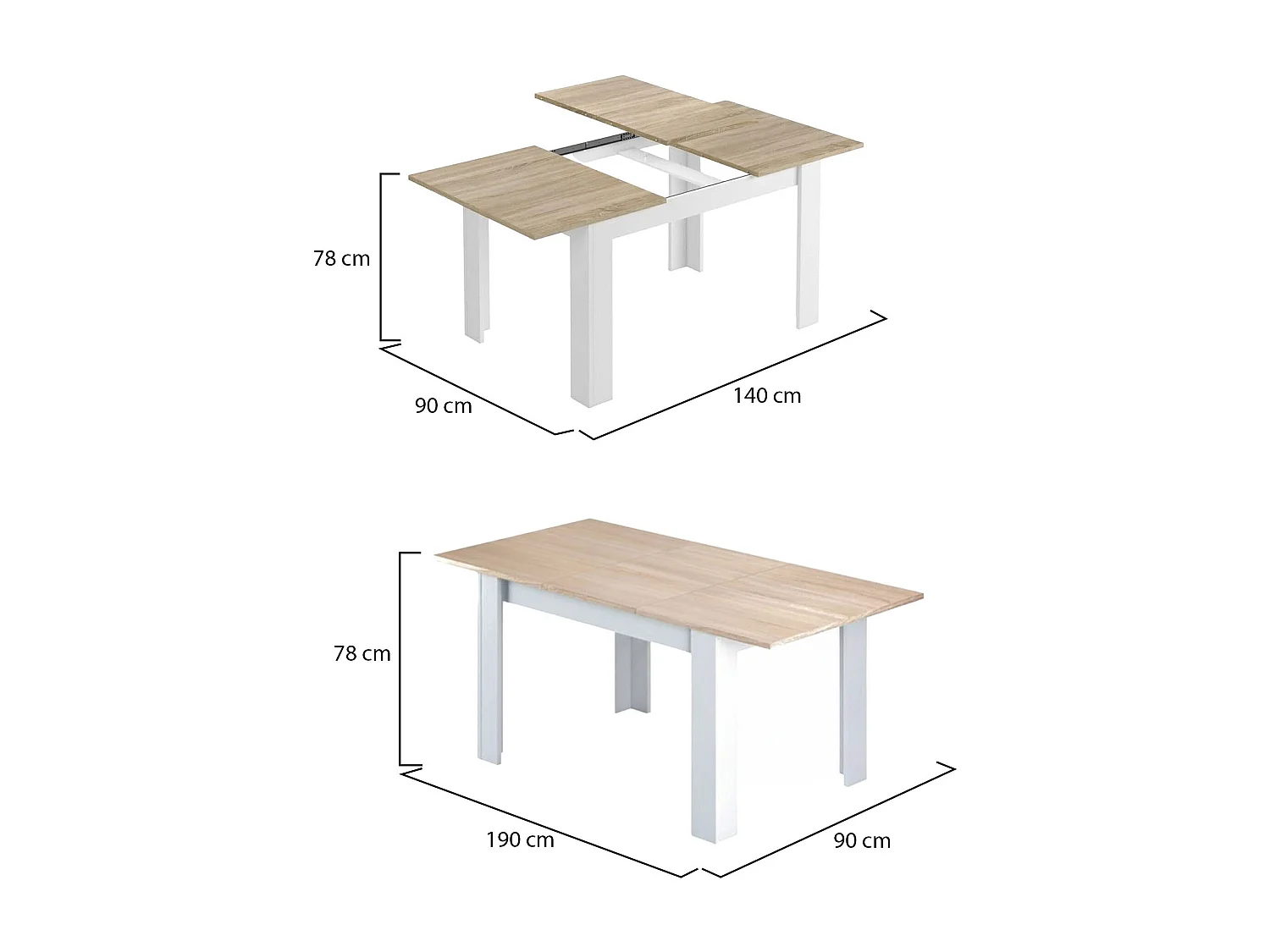 Table extensible Midland, Console extensible pour salle à manger, Table de cuisine ouvrant avec rallonge, 140/190x90h78 cm, Chêne et Blanc