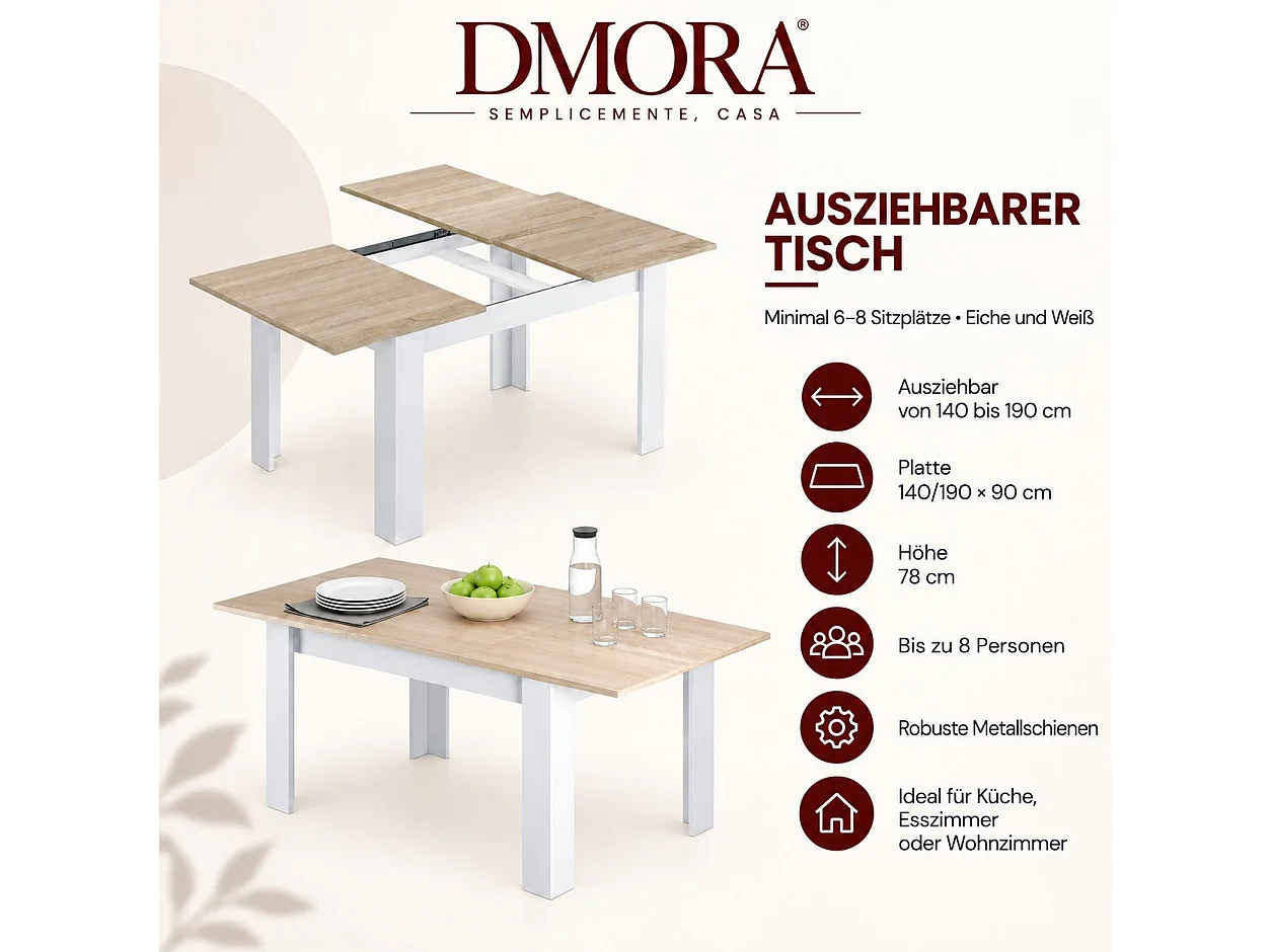 Mesa extensível Midland, Consola extensível para sala de jantar, Mesa de cozinha aberta com extensão, 140/190x90h78 cm, Carvalho e Branco