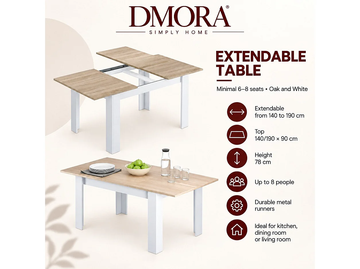 Mesa extensível Midland, Consola extensível para sala de jantar, Mesa de cozinha aberta com extensão, 140/190x90h78 cm, Carvalho e Branco