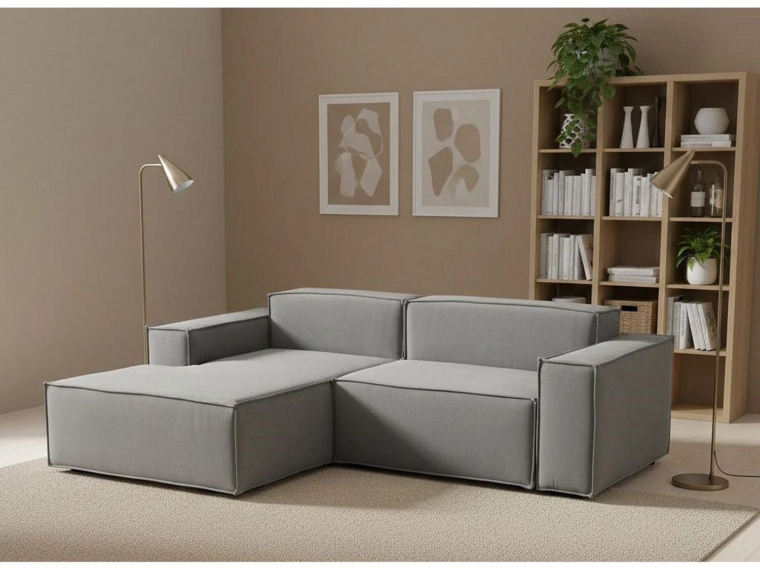 Sofá fixo Nadia, sofá modular de 2 lugares com península esquerda, 100% Fabricado na Itália, Sofá de tecido moderno, 220x170h70 cm, Cinza