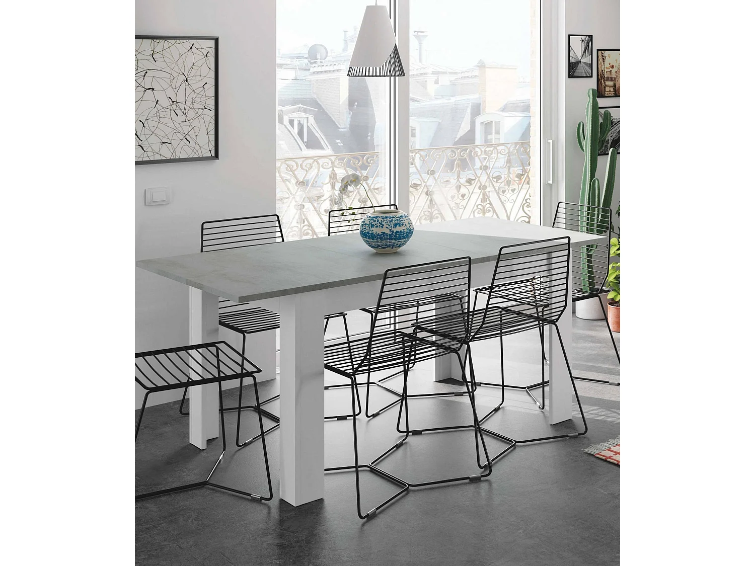 Table extensible Midland, Console extensible pour salle à manger, Table de cuisine ouvrant avec rallonge, 140/190x90h78 cm, Ciment et Blanc
