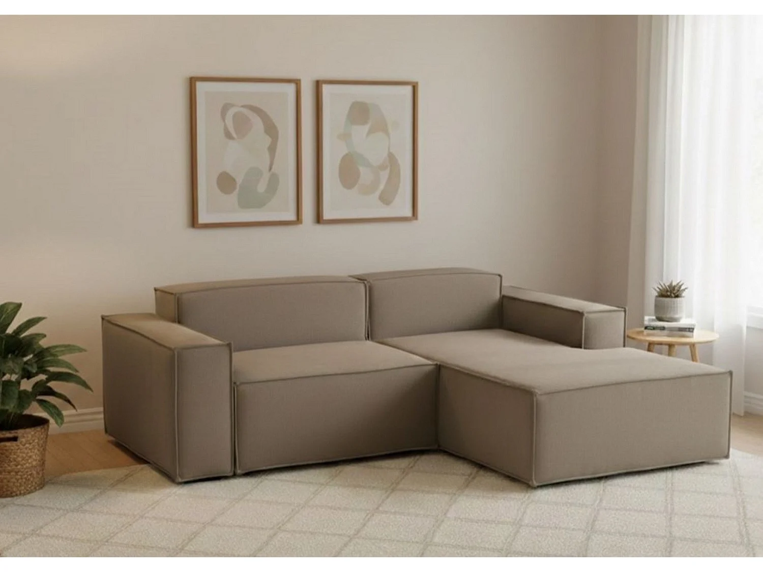 Divano fisso Lidia, Divano componibile a 2 posti large con penisola destra, 100% Made in Italy, Sofà moderno in tessuto, Cm 240x170h70, Tortora