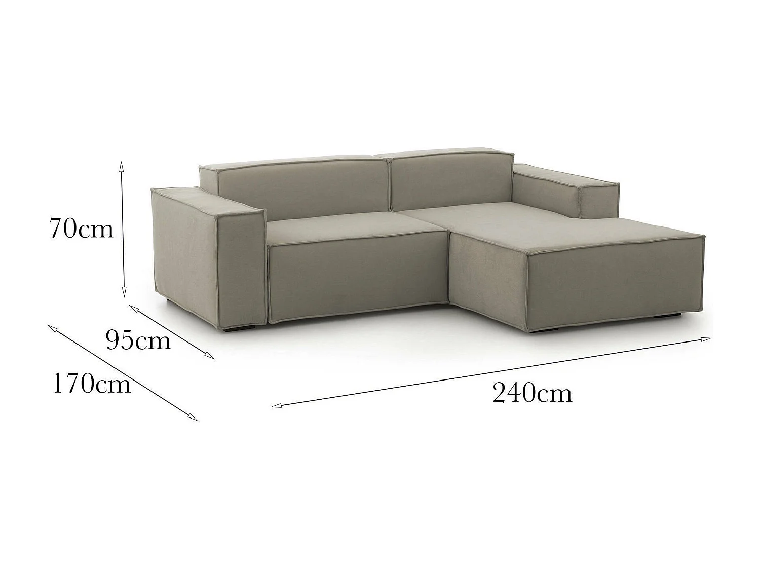 Divano fisso Lidia, Divano componibile a 2 posti large con penisola destra, 100% Made in Italy, Sofà moderno in tessuto, Cm 240x170h70, Tortora