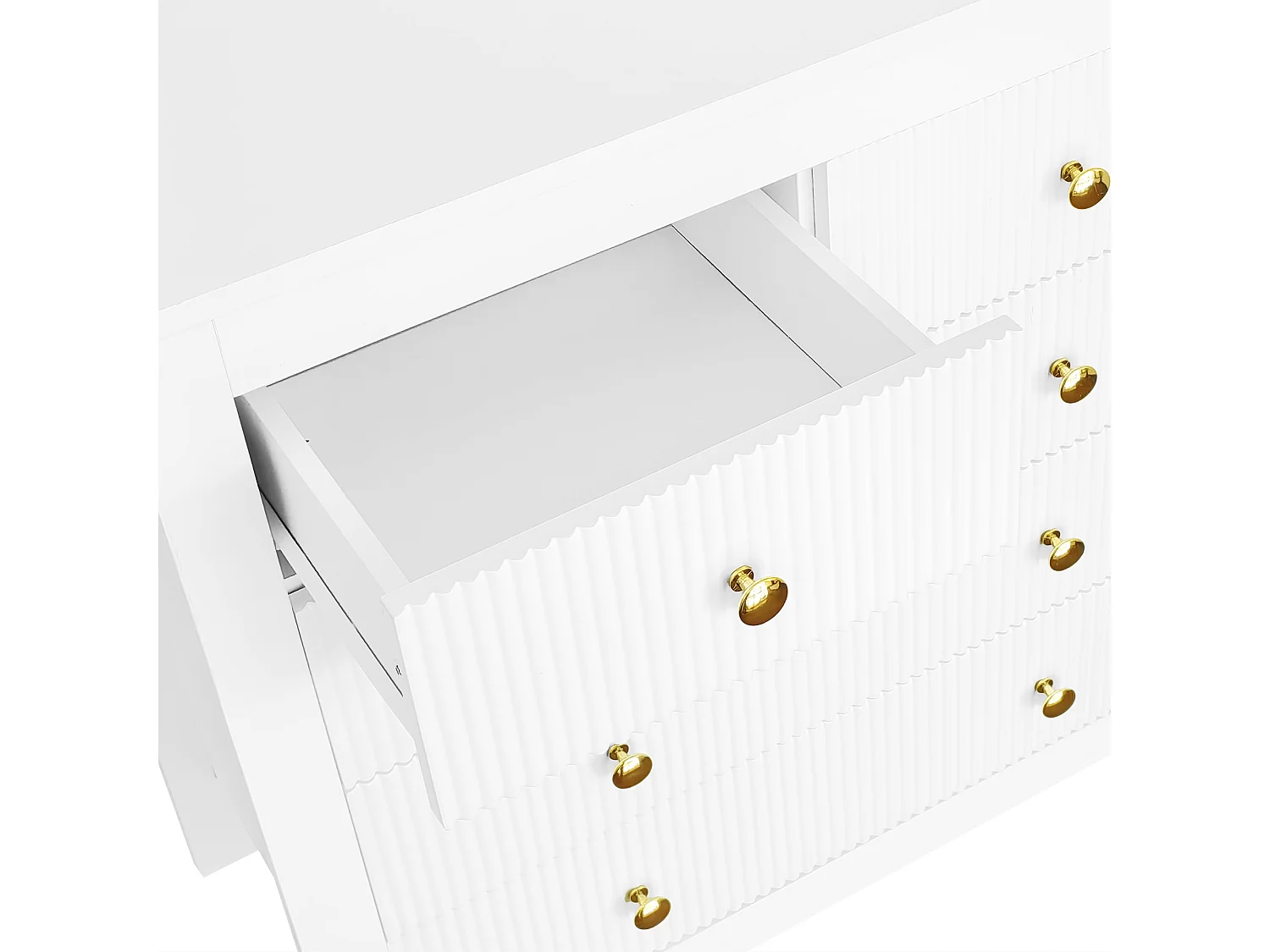 Commode 79x80.5x39.5 cm, 5 tiroirs texturés, poignées dorées, pieds épais, panneaux de particules blancs