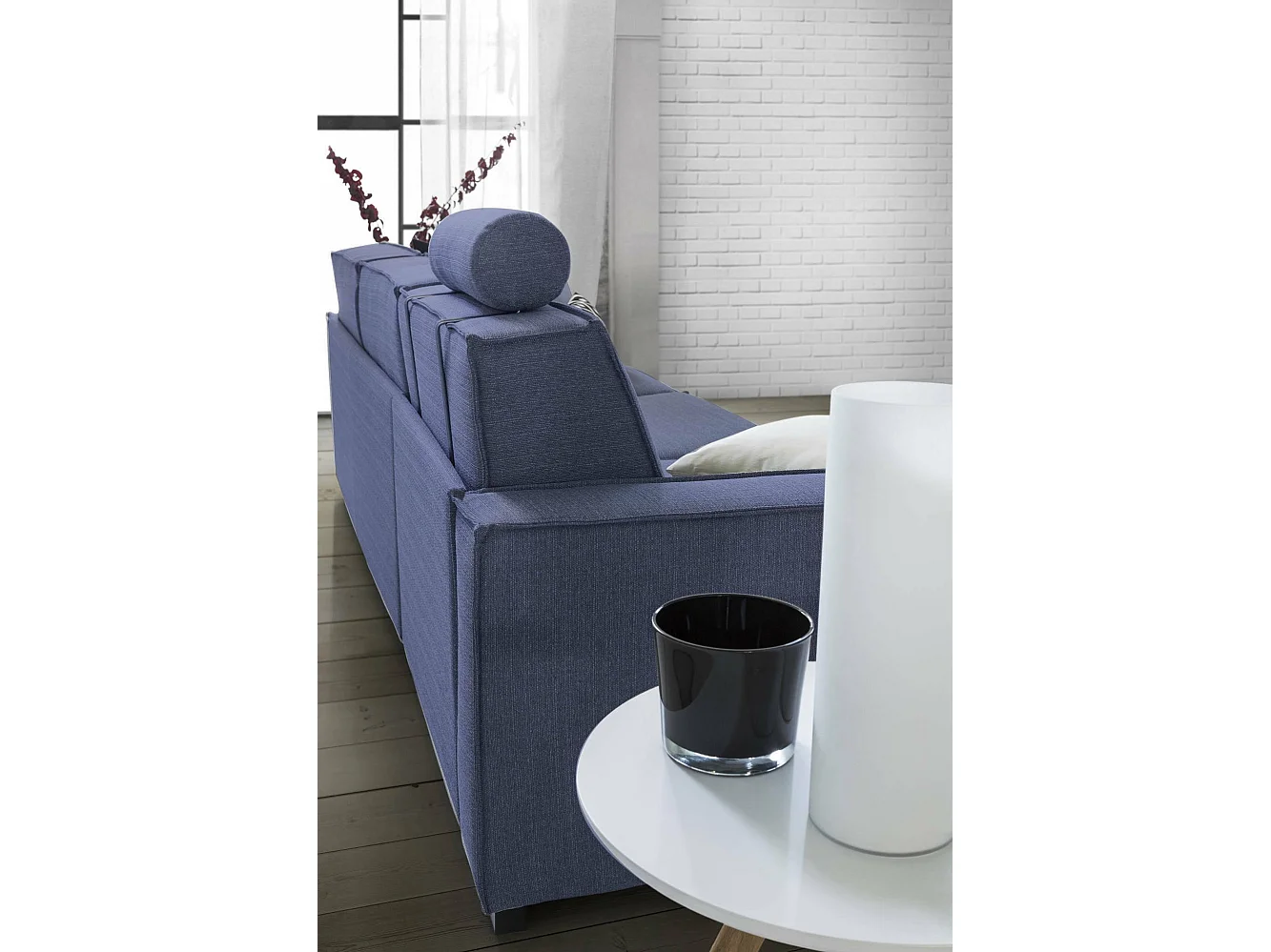 Sofá fixo Grazia, Sofá de canto, 100% Fabricado na Itália, Sofá da sala com, Península contêiner esquerda, com braços padrão, 280x95h90 cm, Azul