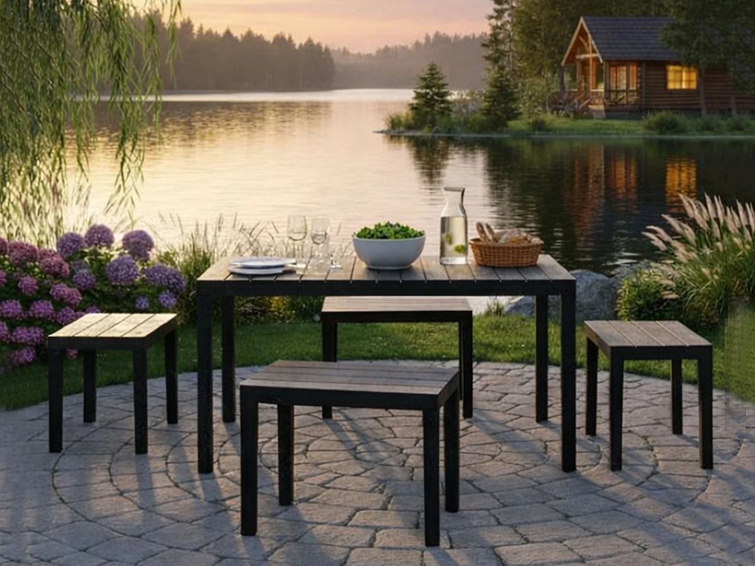 Salón de Jardín Sanremo, Conjunto de jardín con 1 mesa rectangular y 4 bancos, Conjunto Pic Nic interior y exterior, 100% Made in Italy, Antracita