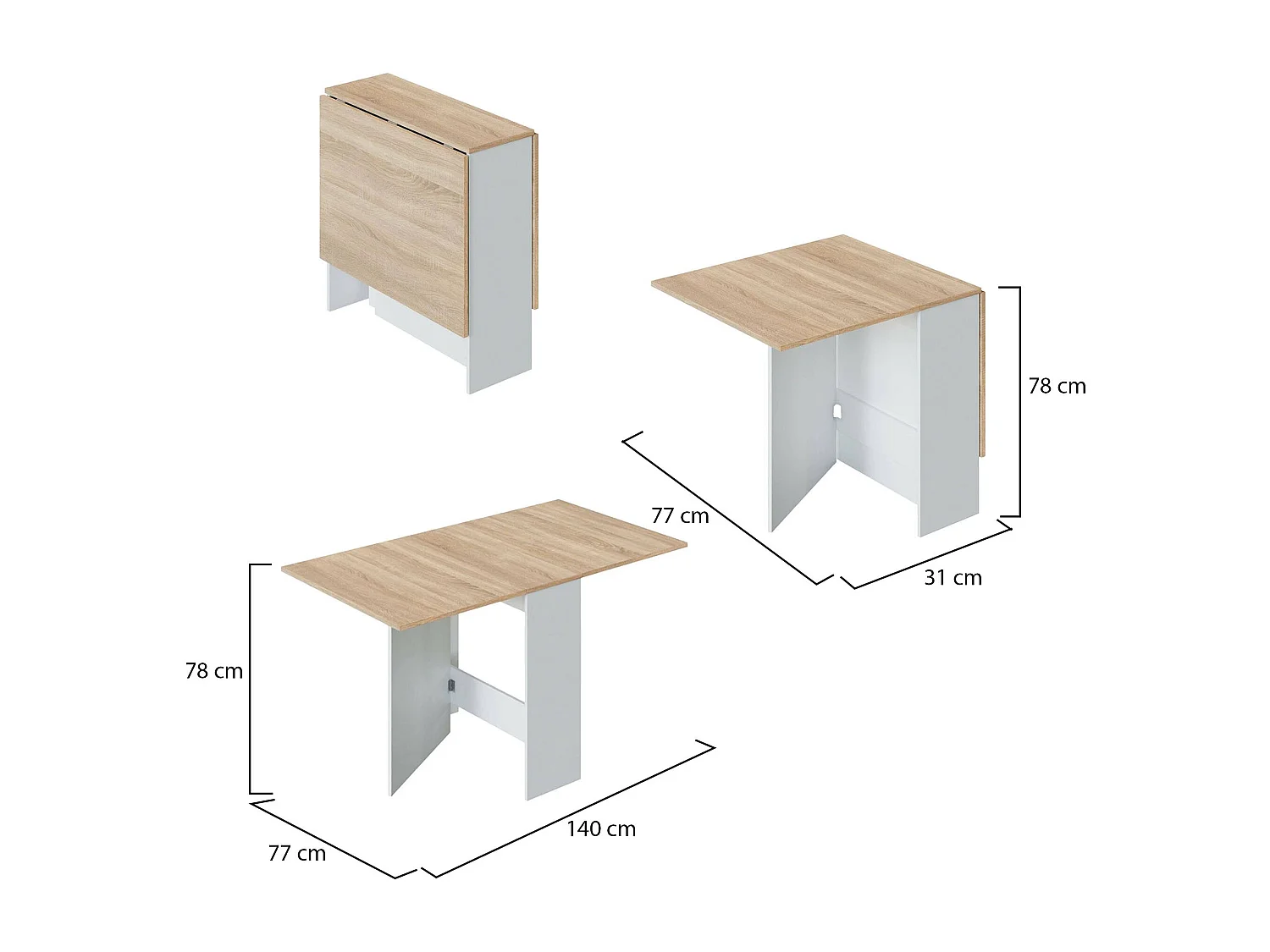 Table extensible Dmodol, Table à manger pliante avec plateau rabattable, Table d'appoint pliable, 31x77h78 cm, Blanc et Chêne