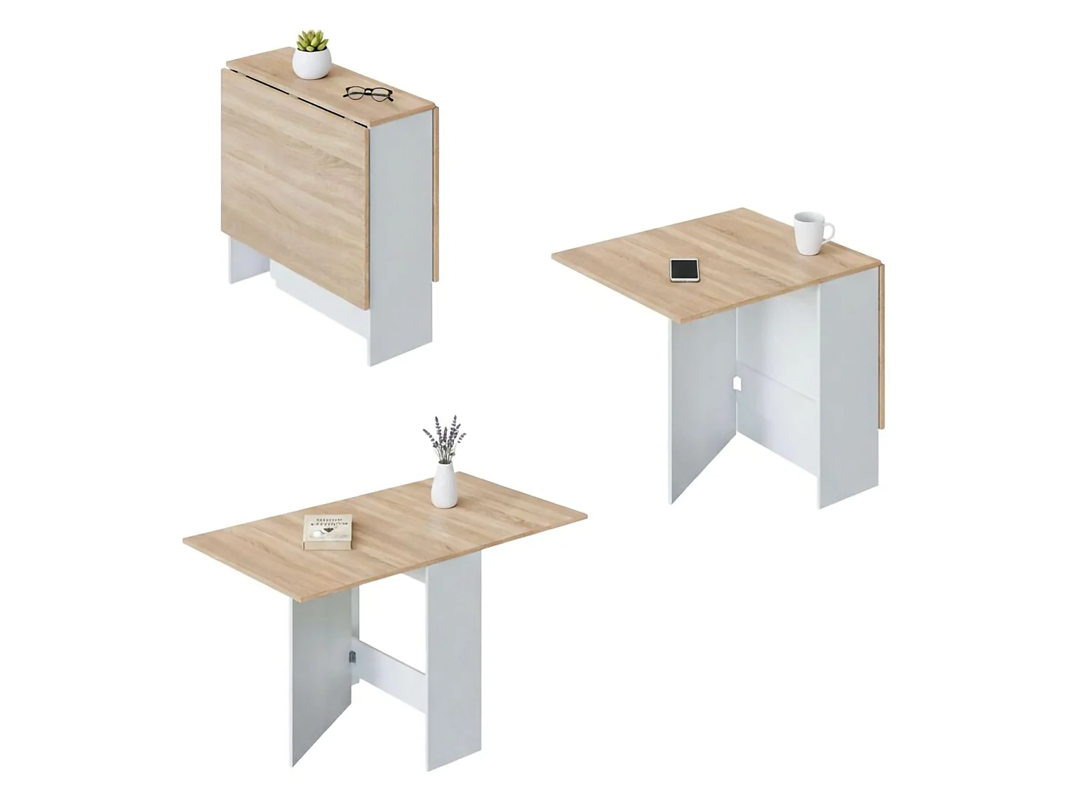 Table extensible Dmodol, Table à manger pliante avec plateau rabattable, Table d'appoint pliable, 31x77h78 cm, Blanc et Chêne