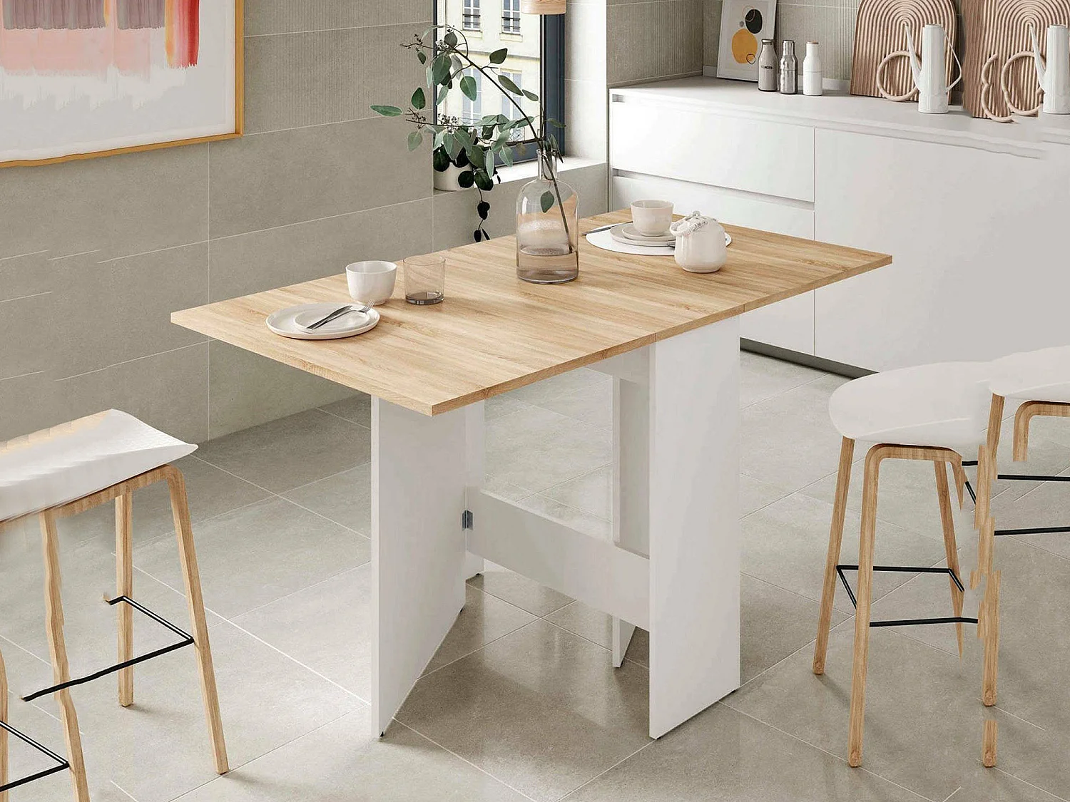 Table extensible Dmodol, Table à manger pliante avec plateau rabattable, Table d'appoint pliable, 31x77h78 cm, Blanc et Chêne