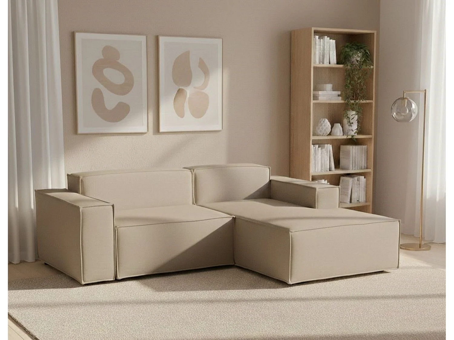 Canapé fixe Dlorenz, canapé modulable 2 places avec péninsule droite, 100% Made in Italy, Canapé moderne en tissu, 220x170h70 cm, Beige