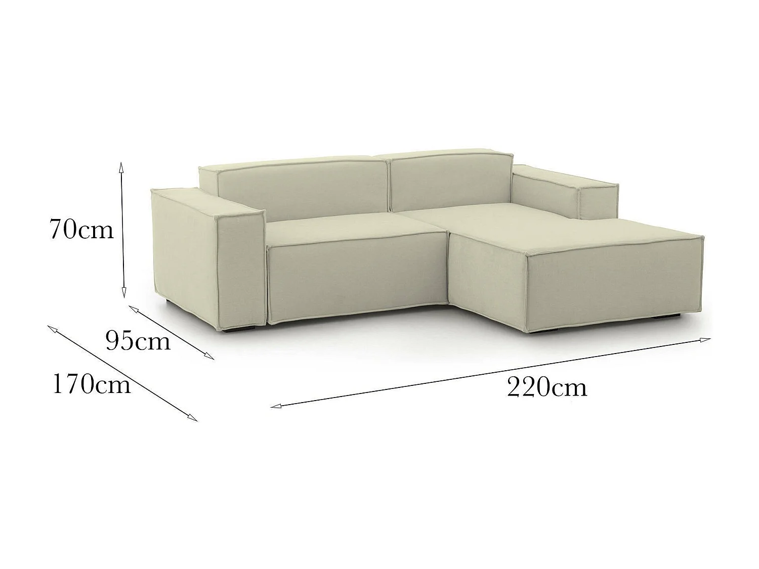 Canapé fixe Dlorenz, canapé modulable 2 places avec péninsule droite, 100% Made in Italy, Canapé moderne en tissu, 220x170h70 cm, Beige