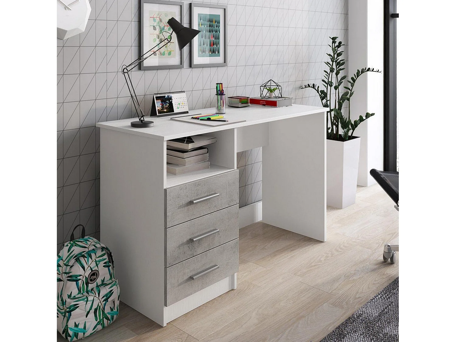 Dabdellaou Bureau, Multifunctioneel Bureau, PC Kantoortafel, Werkblad, 120x48h75 cm, Wit en Beton
