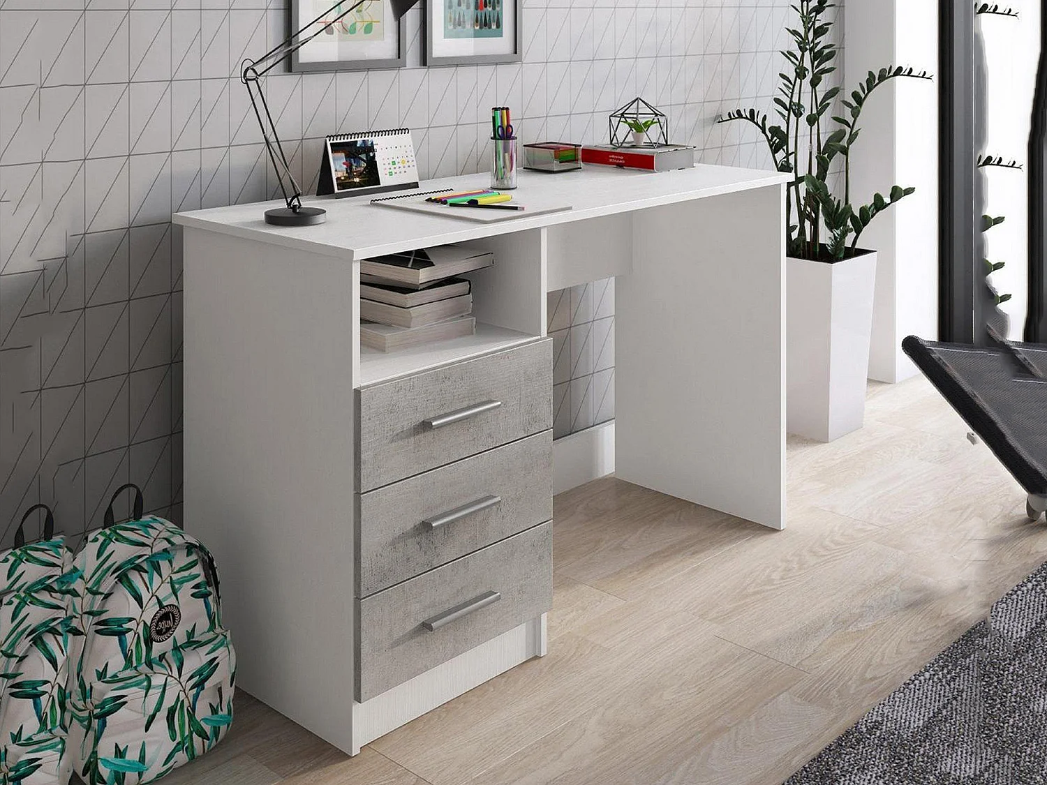 Dabdellaou Bureau, Multifunctioneel Bureau, PC Kantoortafel, Werkblad, 120x48h75 cm, Wit en Beton