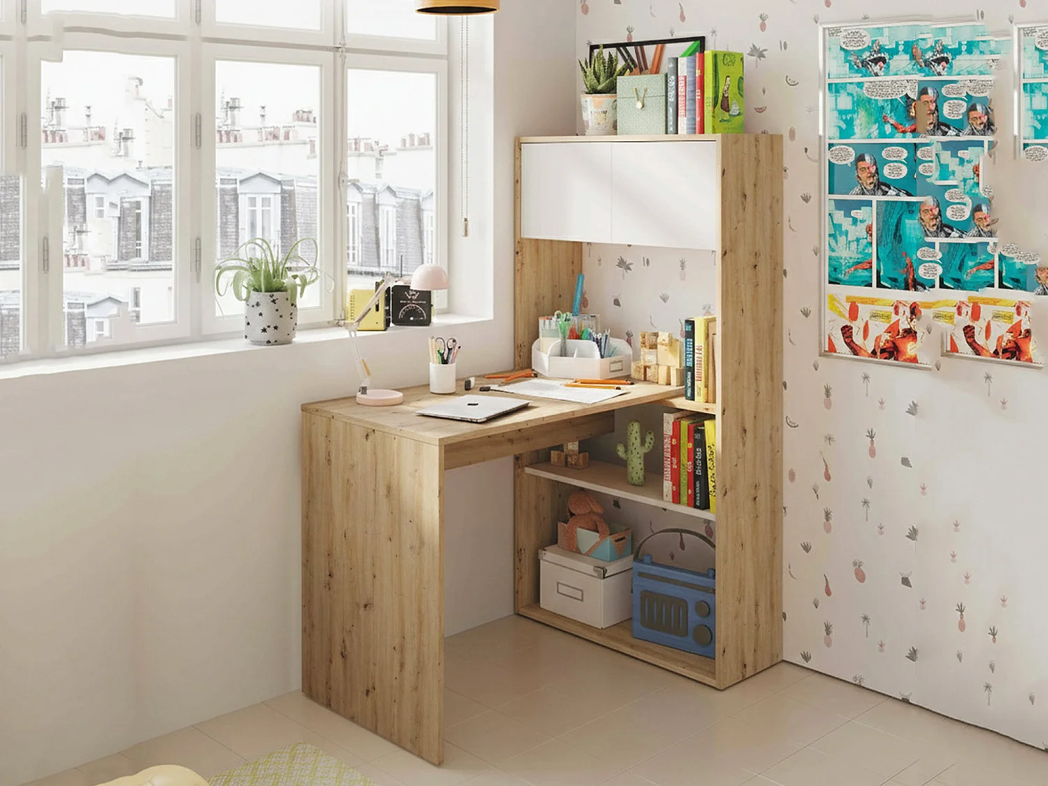 Dmora Bureau Riverside 140x108x70h cm Wit Modulair Hoek, 4 Planken