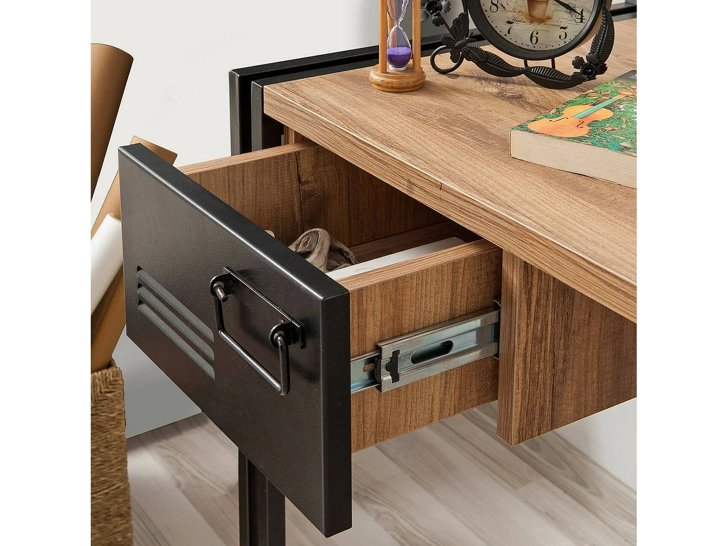 Bureau Alkes, Pupitre polyvalent, Table de bureau pour PC, Plan de travail, 139x60h75 cm, Chêne et Noir