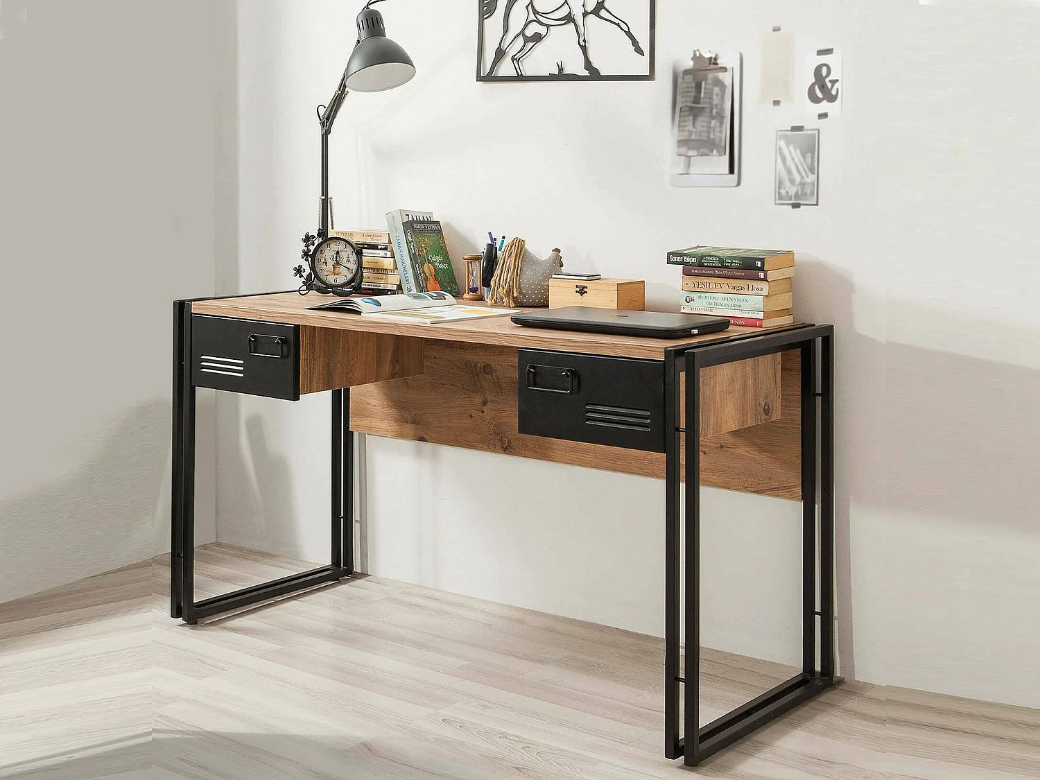 Bureau Alkes, Pupitre polyvalent, Table de bureau pour PC, Plan de travail, 139x60h75 cm, Chêne et Noir