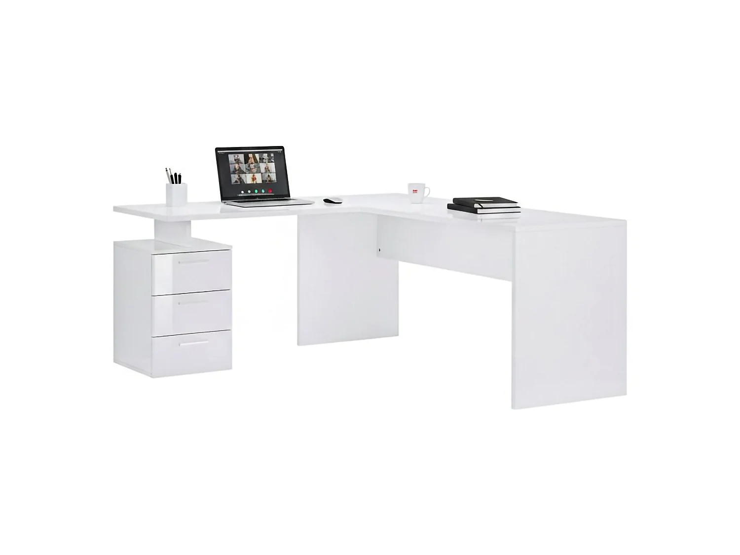 Bureau Mark, Bureau d'angle PC, Table de bureau polyvalente, Bureau gain de place multi-positions, 100% Made in Italy, 160x60h75 cm, Blanc brillant