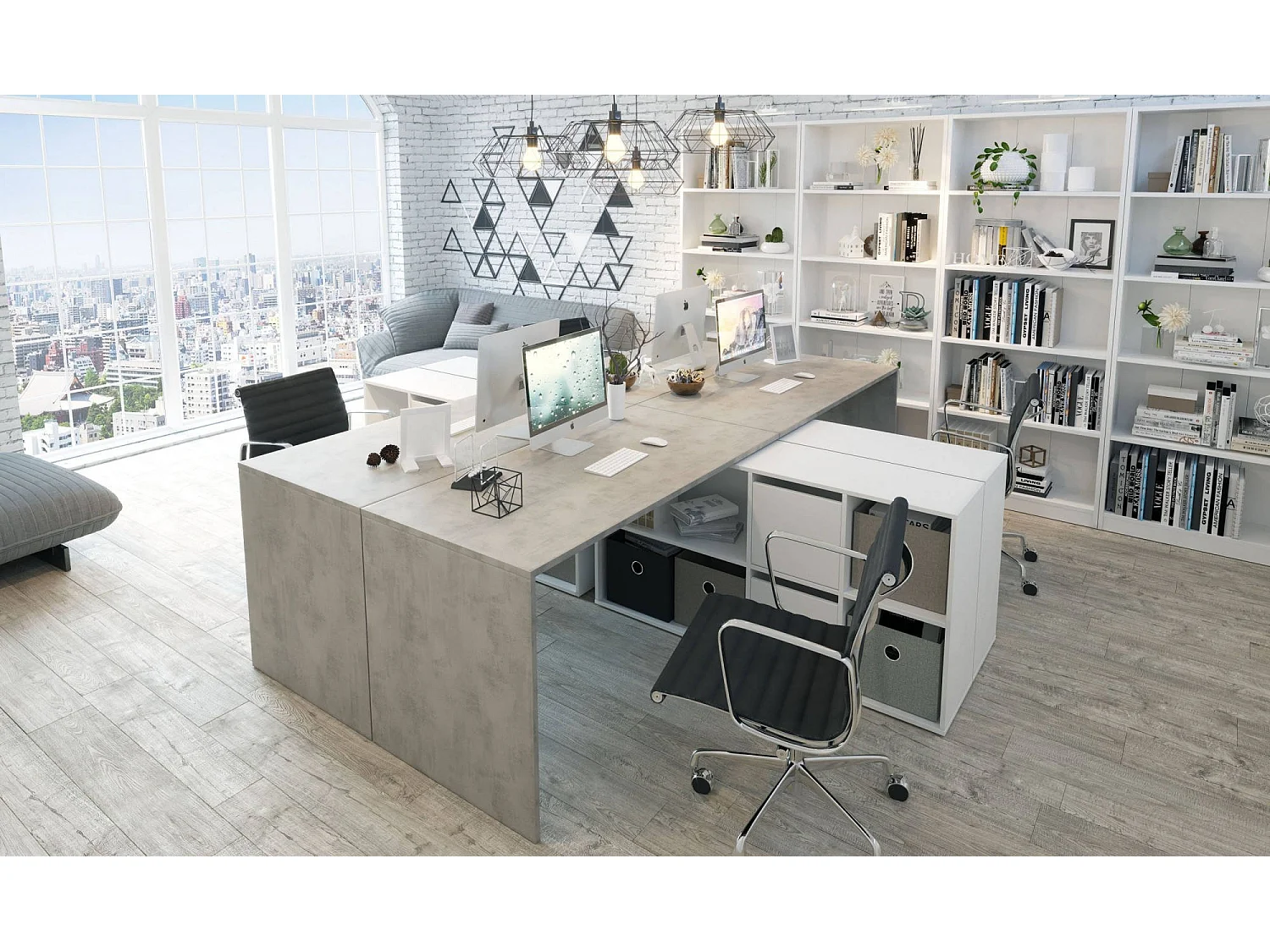 Dmora Bureau Vallejo 139x136x74h cm Wit Modulair Hoekmodel, 6 Planken