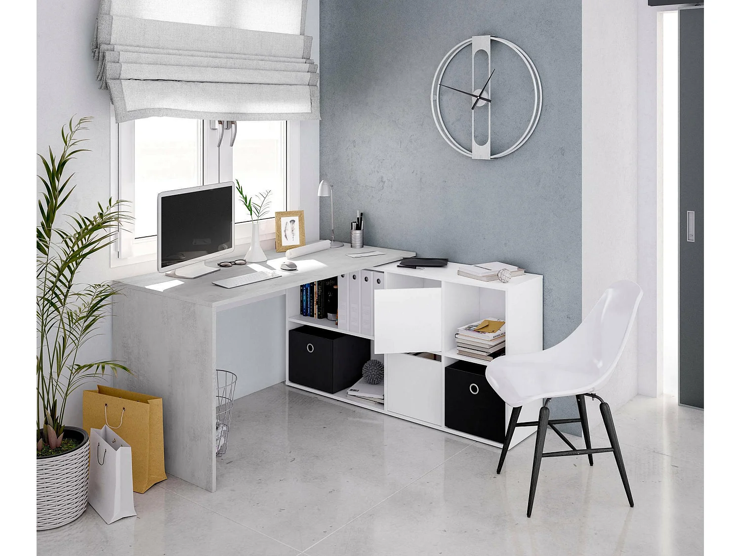 Dmora Bureau Vallejo 139x136x74h cm Wit Modulair Hoekmodel, 6 Planken