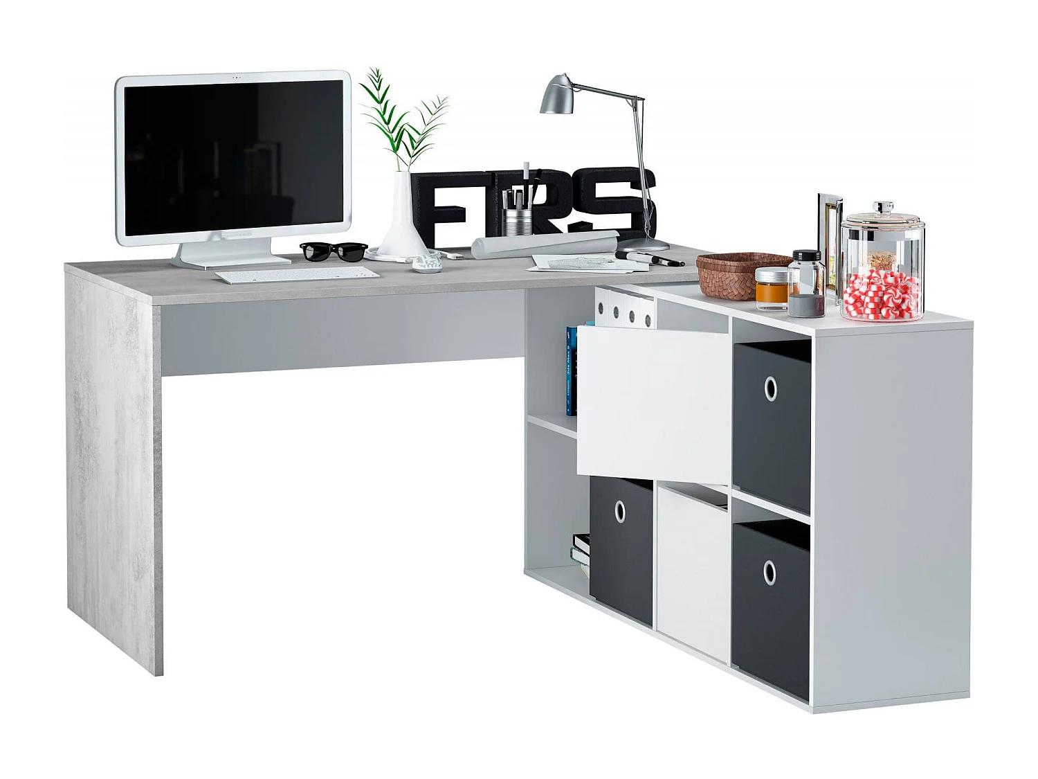 Dmora Bureau Vallejo 139x136x74h cm Wit Modulair Hoekmodel, 6 Planken