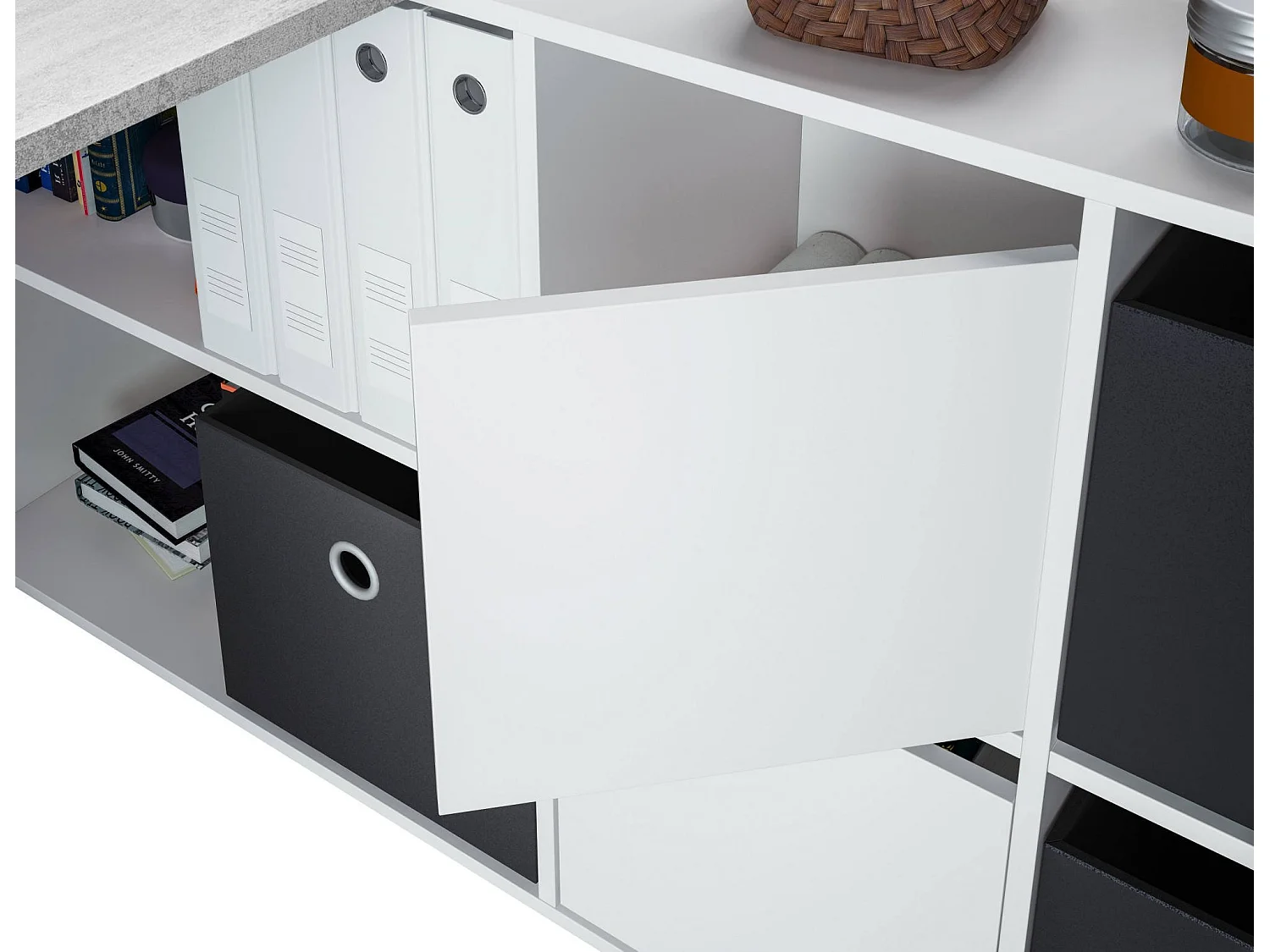 Vallejo Escritorio, Escritorio multifunción reversible multiposiciones, Mesa de estudio u oficina para PC con balda, 136x139h74 cm, Blanco y Cemento