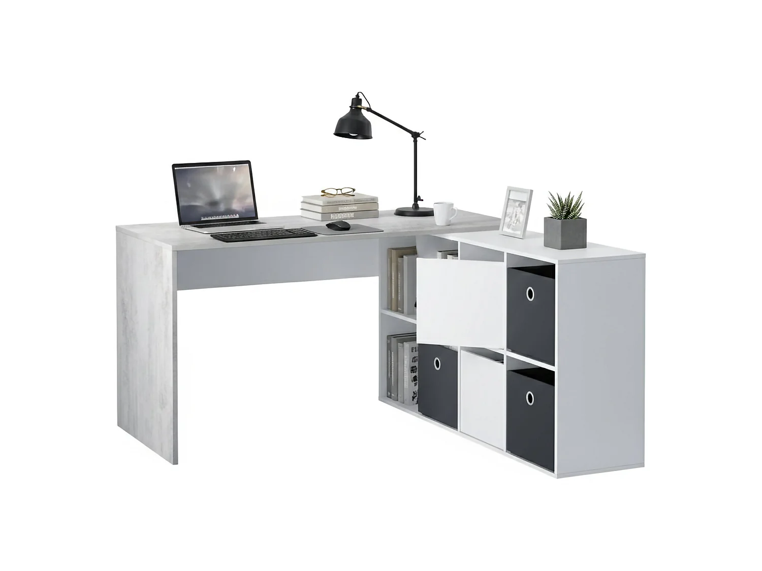 Bureau Vallejo, Bureau multi-positions réversible multifonction, Table d'étude ou de bureau pour PC avec étagère, 136x139h74 cm, Blanc et Ciment