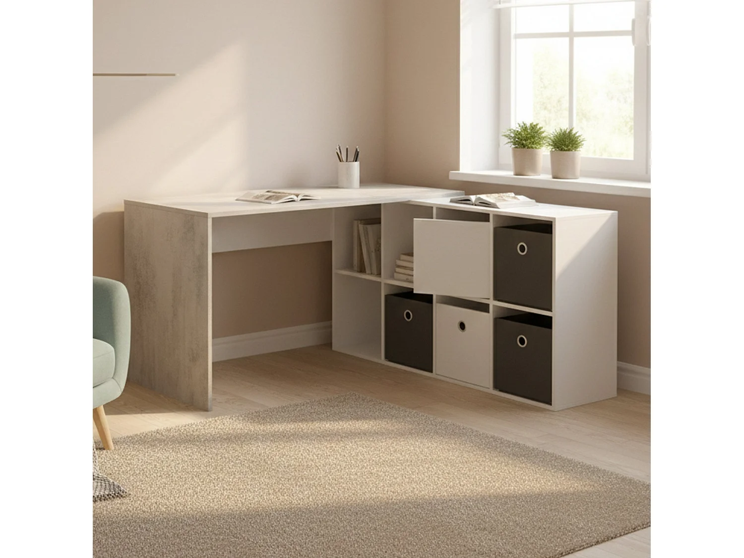 Bureau Vallejo, Bureau multi-positions réversible multifonction, Table d'étude ou de bureau pour PC avec étagère, 136x139h74 cm, Blanc et Ciment