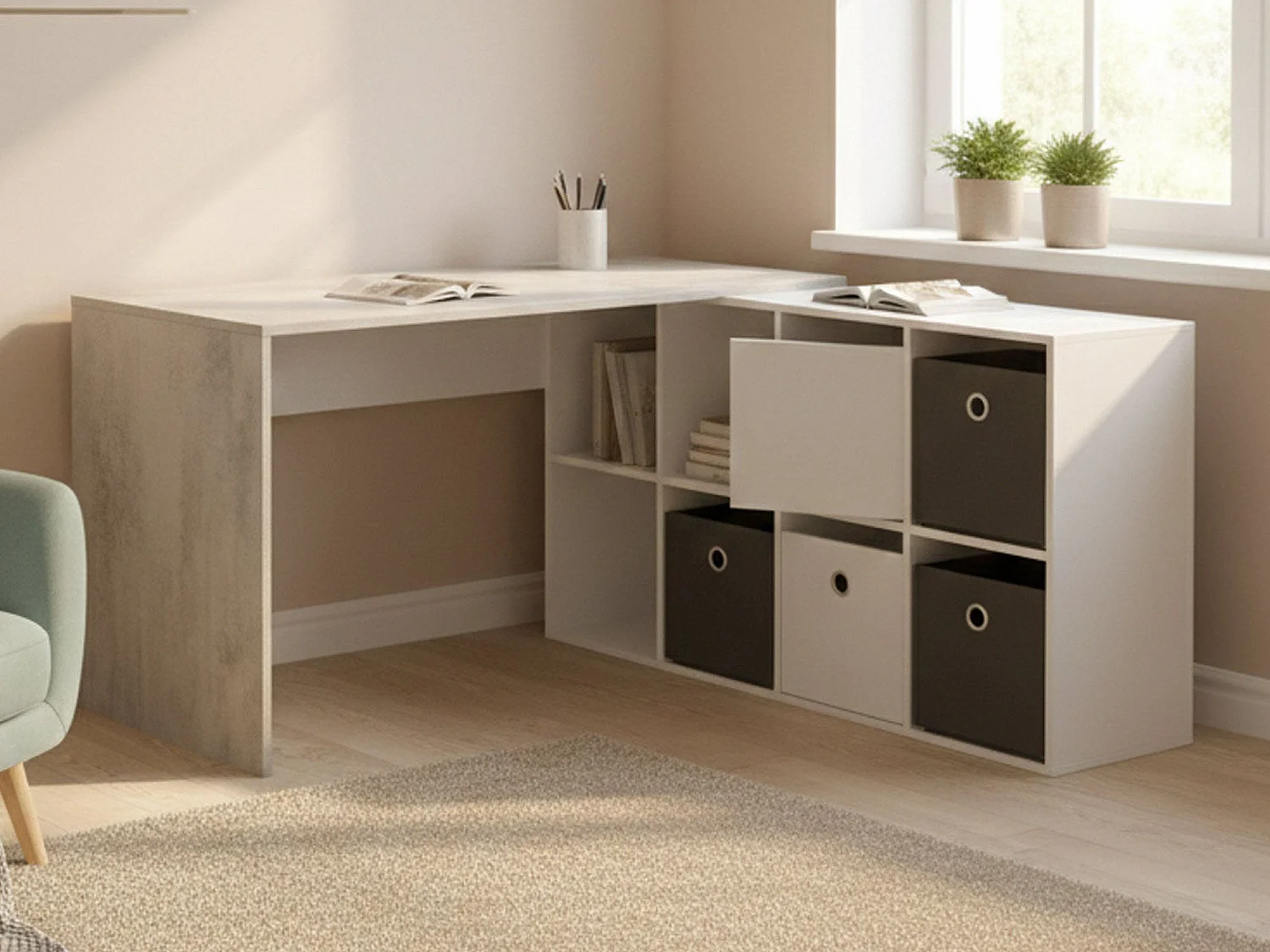 Bureau Vallejo, Bureau multi-positions réversible multifonction, Table d'étude ou de bureau pour PC avec étagère, 136x139h74 cm, Blanc et Ciment
