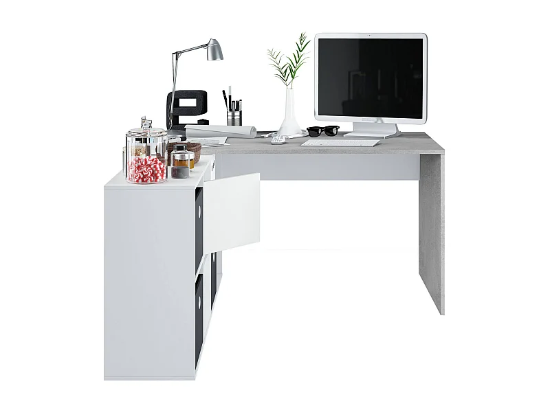 Vallejo-Schreibtisch, umkehrbarer Multifunktionsschreibtisch mit mehreren Positionen, Arbeits- oder Bürotisch für PC mit Ablage, 136 x 139 x 74 cm, WeiÃŸ und Zement
