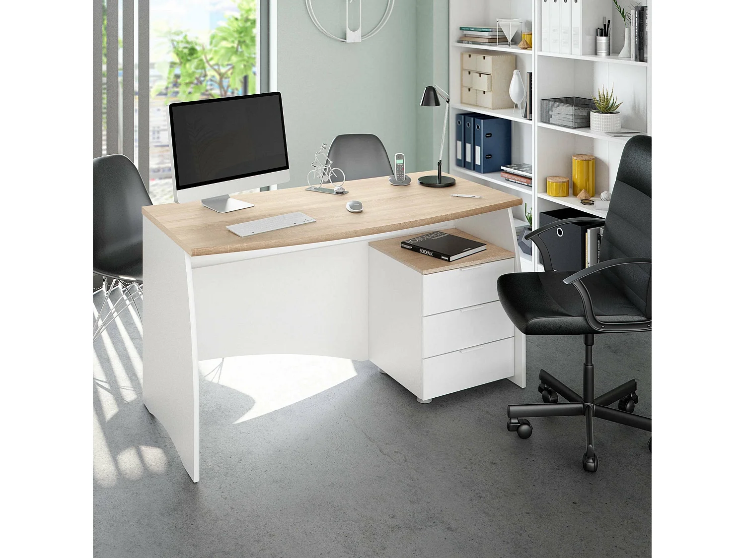 Carrollton Desk, Bureau, Table d'étude PC avec 3 tiroirs, 136x67h74 cm, Blanc et Chêne